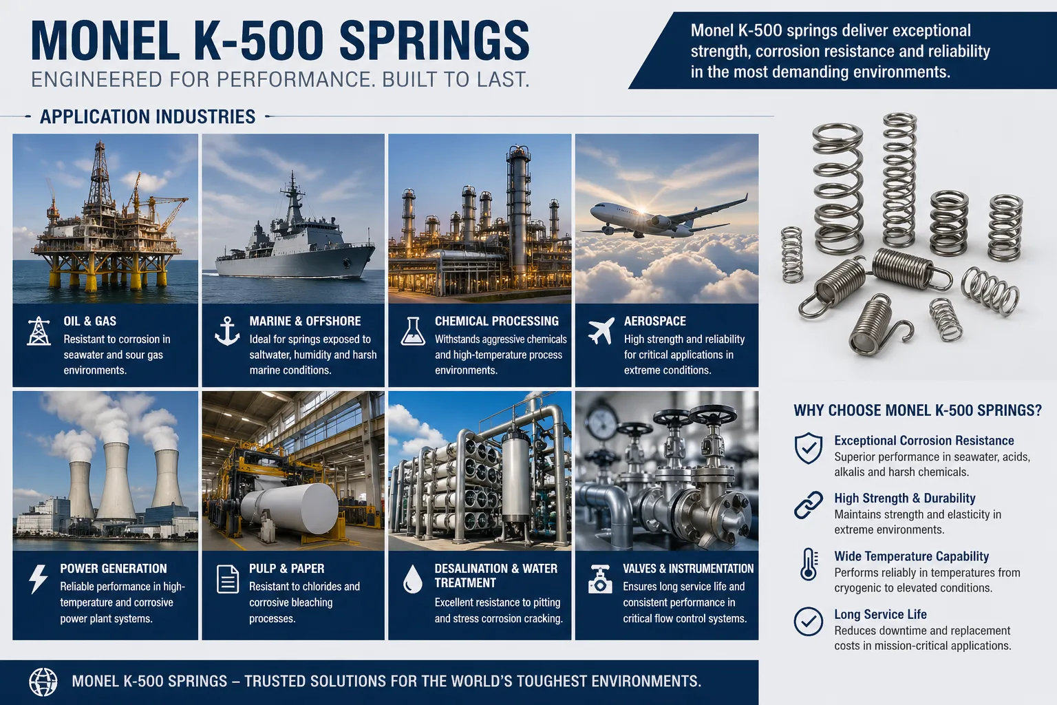 Infographic showing Monel K-500 springs used across multiple industries, including oil and gas, marine and offshore, chemical processing, aerospace, power generation, desalination, and industrial valve systems, highlighting corrosion resistance, high strength, and durability in extreme environments.