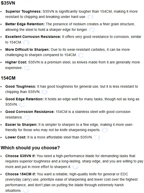 The different between 154CM vs S35VN Steel