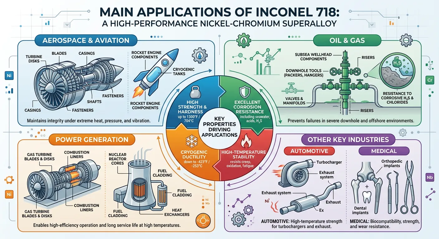 Inconel 718 alloy components used in aerospace, oil & gas, and high-temperature industrial applications, showing turbine blades, jet engine parts, and corrosion-resistant equipment in demanding environments