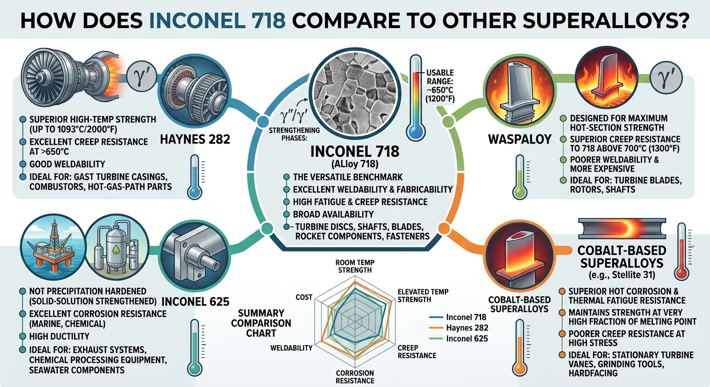 Comparison chart of Inconel 718 alloy versus other high-performance alloys, highlighting differences in strength, temperature resistance, corrosion resistance, and mechanical properties for industrial and aerospace applications