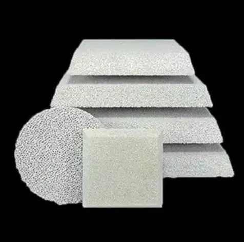 Various ceramic foam filters in different sizes and shapes displayed together, including square, rectangular, and round formats, highlighting pore structures and options for molten metal filtration applications.