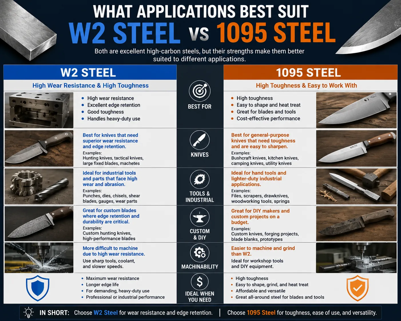 Infographic comparing the best applications for W2 steel vs 1095 steel, featuring knives, industrial tools, custom blades, DIY projects, machinability, toughness, wear resistance, and edge retention with side-by-side visuals and performance summaries.