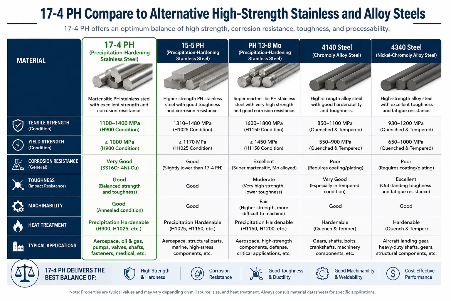 17-4 PH stainless steel comparison chart vs 15-5 PH, PH13-8Mo, 4140 steel, and 4340 alloy steel showing strength, corrosion resistance, toughness, machinability, and industrial applications.