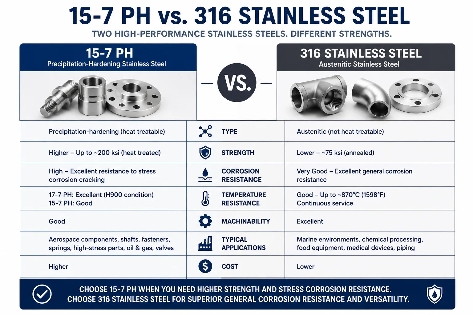 Comparison infographic of 15-7 PH vs. 316 stainless steel showing differences in strength, corrosion resistance, temperature resistance, machinability, and industrial applications.