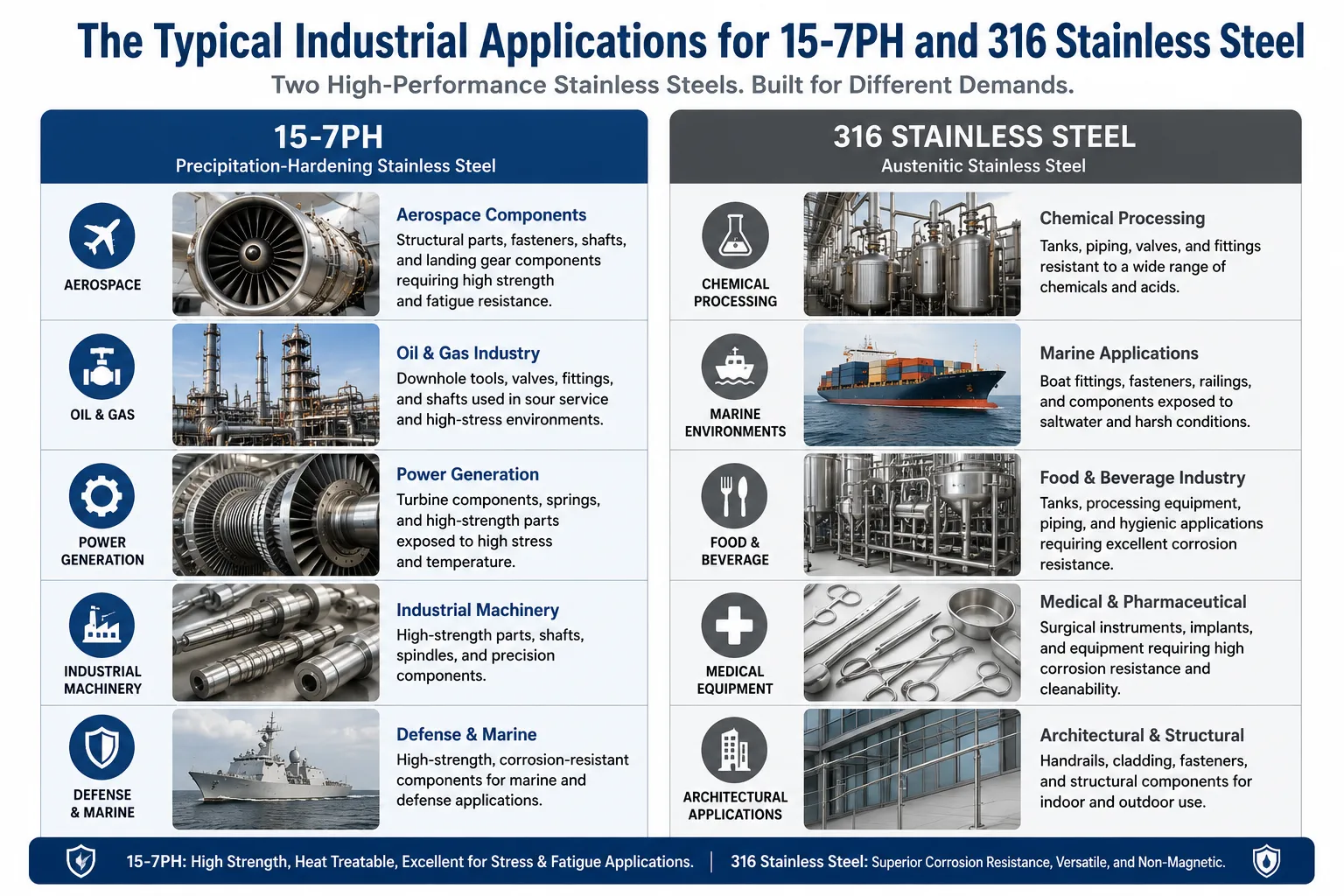 Infographic showing the typical industrial applications of 15-7PH and 316 stainless steel in aerospace, oil and gas, marine, chemical processing, food equipment, medical devices, and industrial machinery.