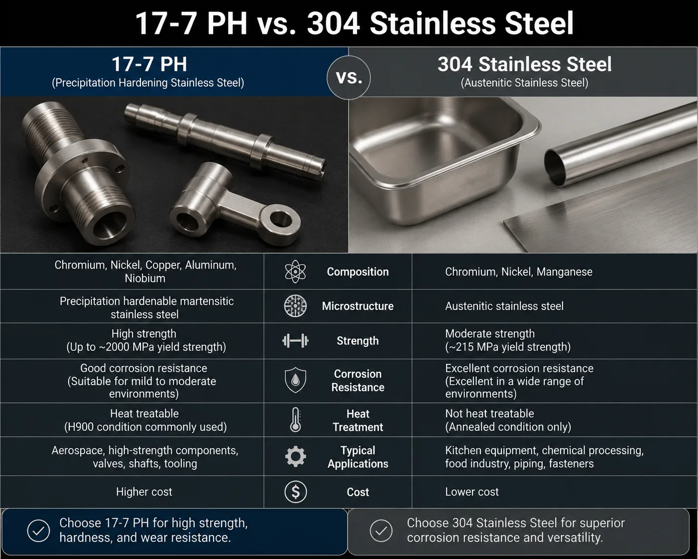 Infographic comparing 17-7 PH and 304 stainless steel, highlighting differences in strength, corrosion resistance, heat treatment, composition, applications, and cost for industrial material selection.