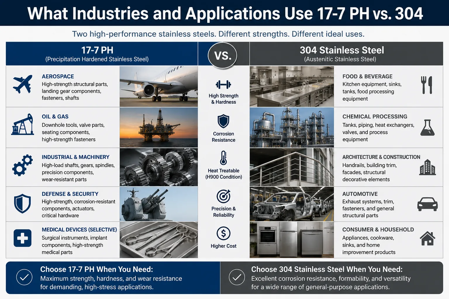 Infographic showing industries and applications for 17-7 PH vs. 304 stainless steel, including aerospace, oil and gas, machinery, food processing, construction, automotive, and consumer products.