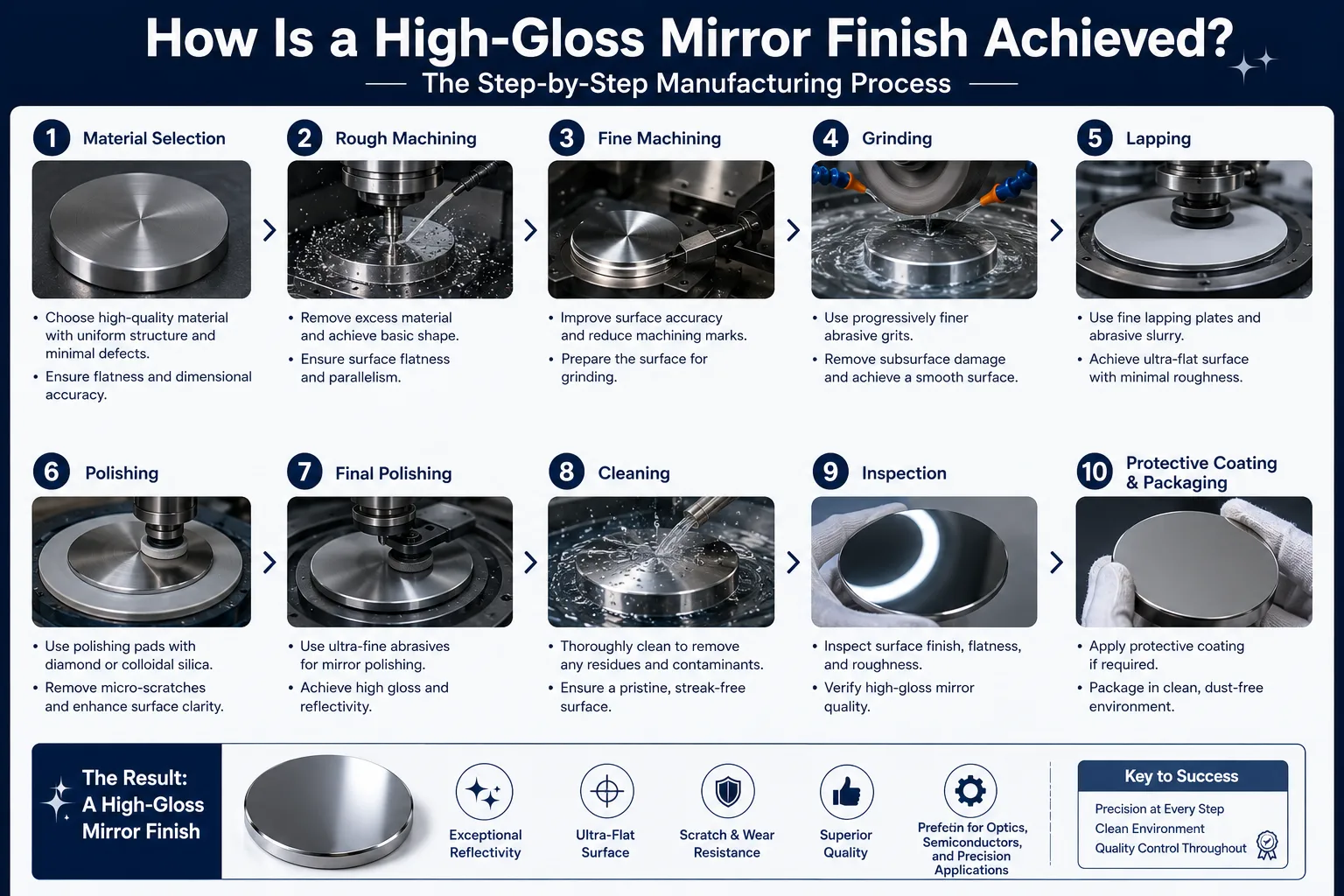 Step-by-step infographic showing the manufacturing process for achieving a high-gloss mirror finish, including machining, grinding, lapping, polishing, cleaning, inspection, and protective coating.