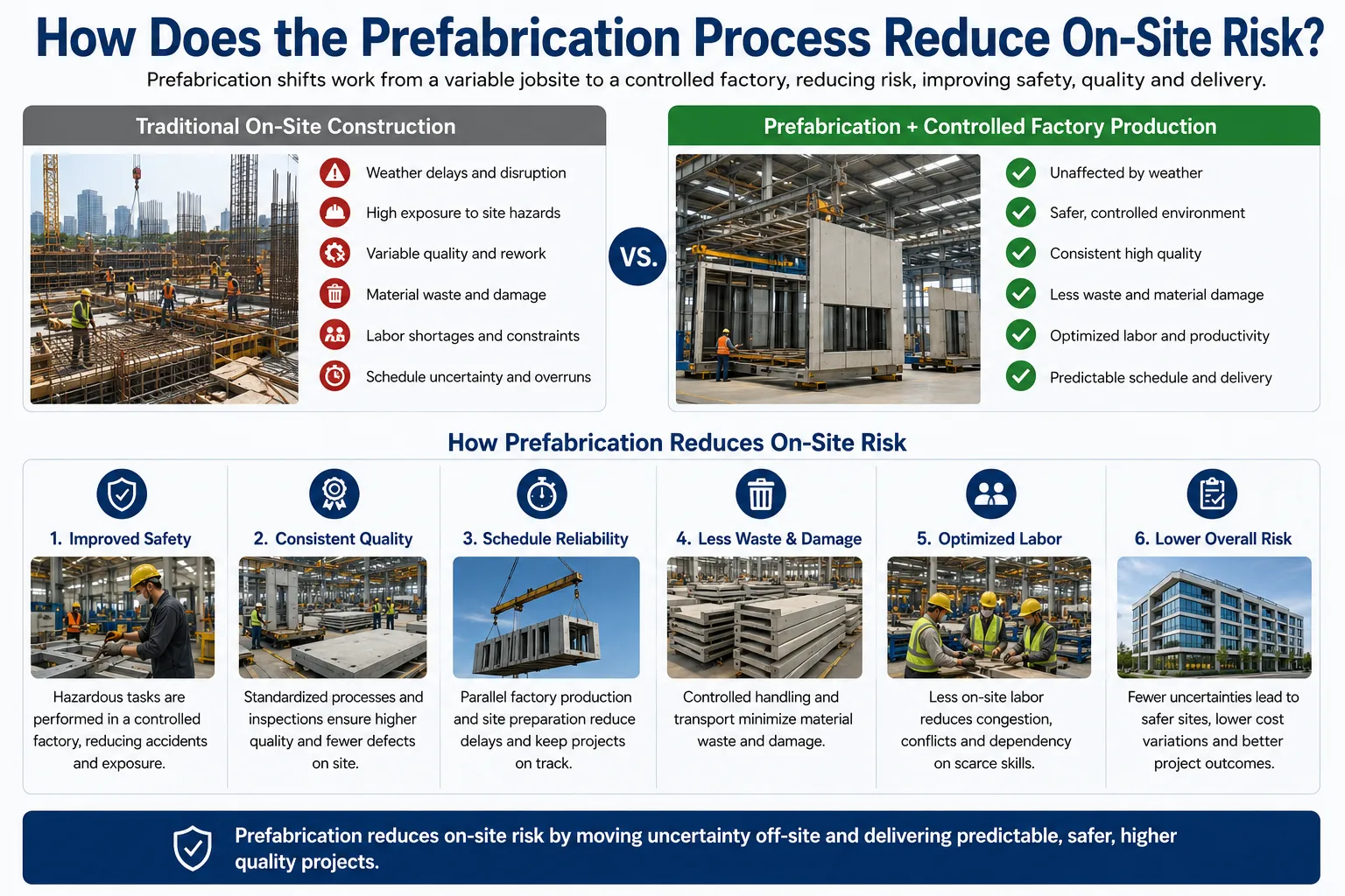 Infographic comparing traditional construction and prefabrication, showing how factory-controlled production improves safety, quality, scheduling, and reduces on-site construction risks.