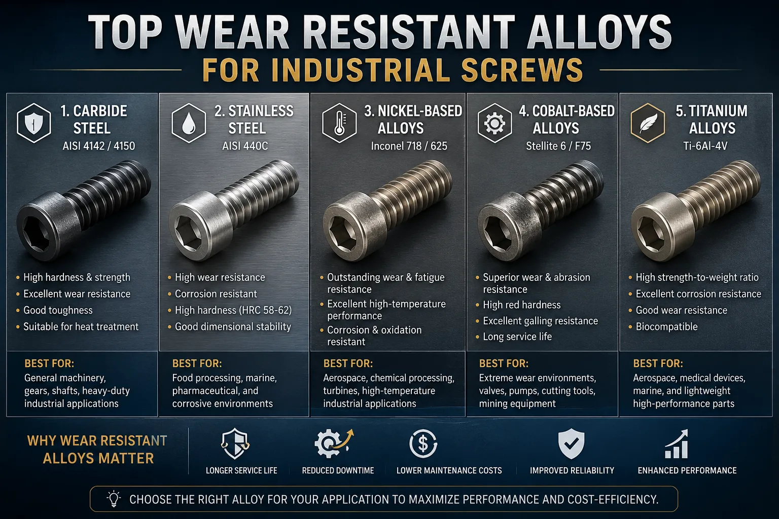 Top wear-resistant alloys for industrial screws infographic comparing carbide steel, stainless steel, nickel-based, cobalt-based, and titanium alloys with key properties and applications.