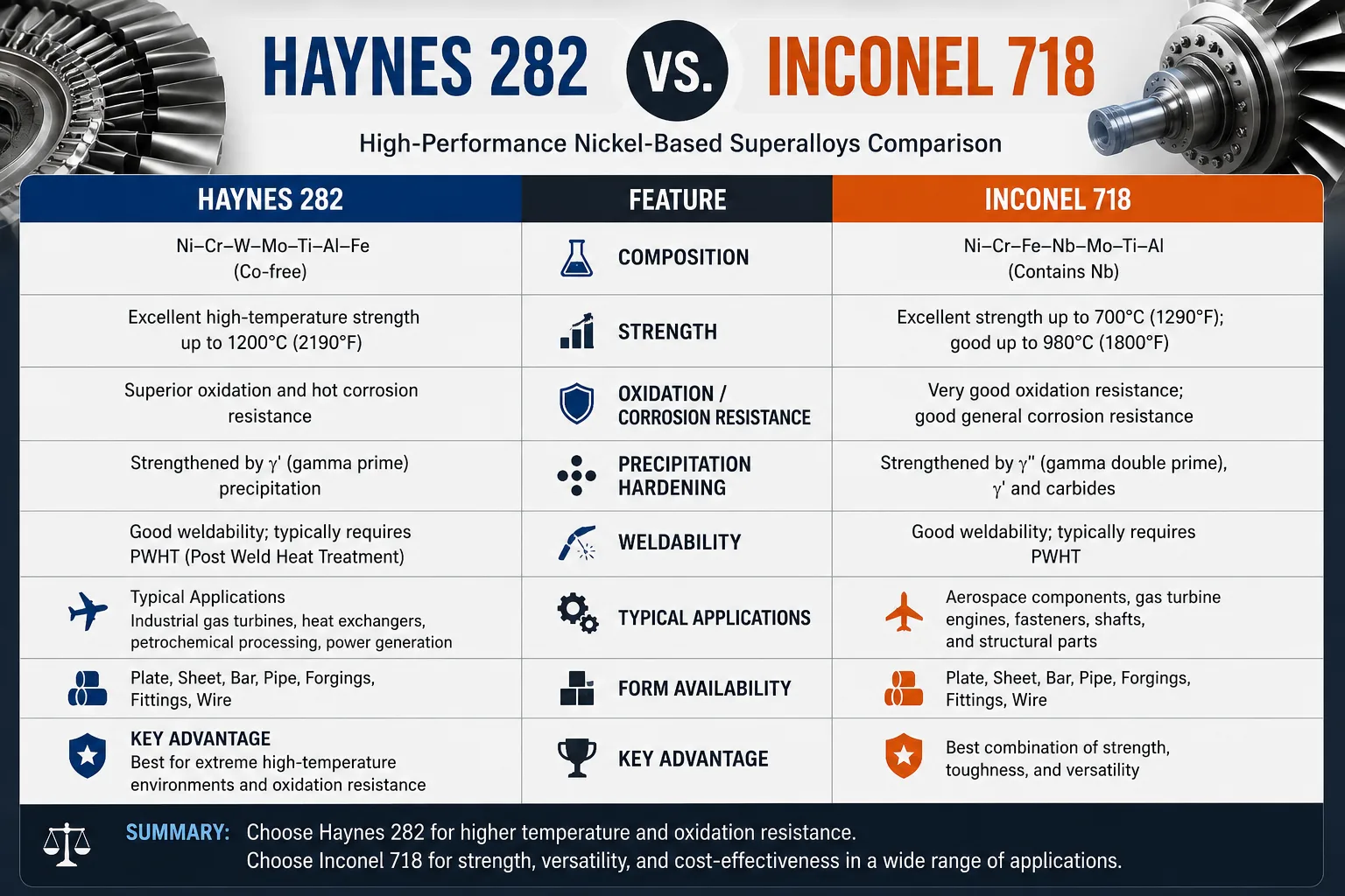 Haynes 282 vs Inconel 718 comparison infographic showing differences in composition, high-temperature strength, oxidation resistance, weldability, and aerospace applications.