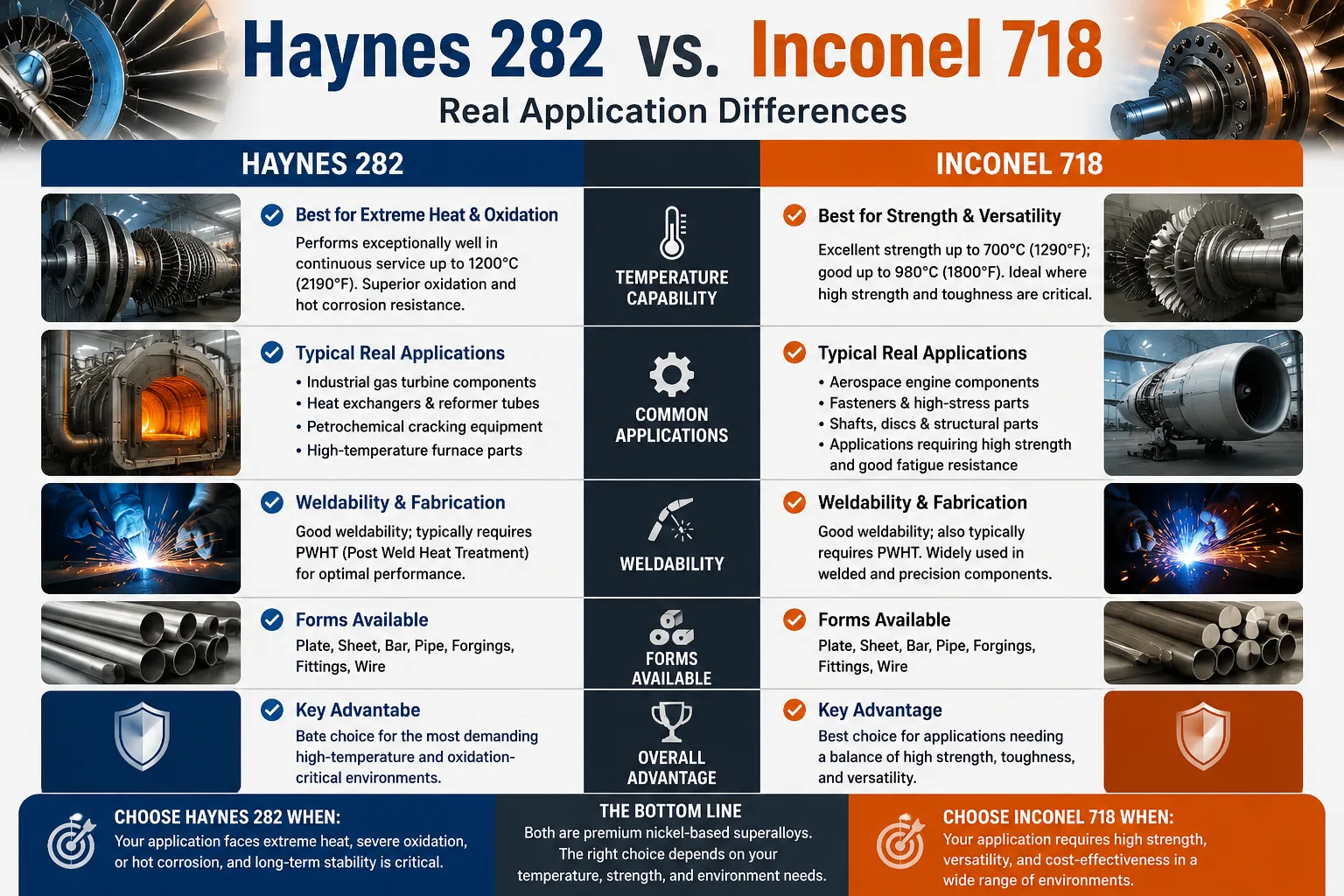 Haynes 282 vs Inconel 718 real application comparison infographic highlighting differences in heat resistance, strength, weldability, and typical aerospace, turbine, and high-temperature industrial uses.