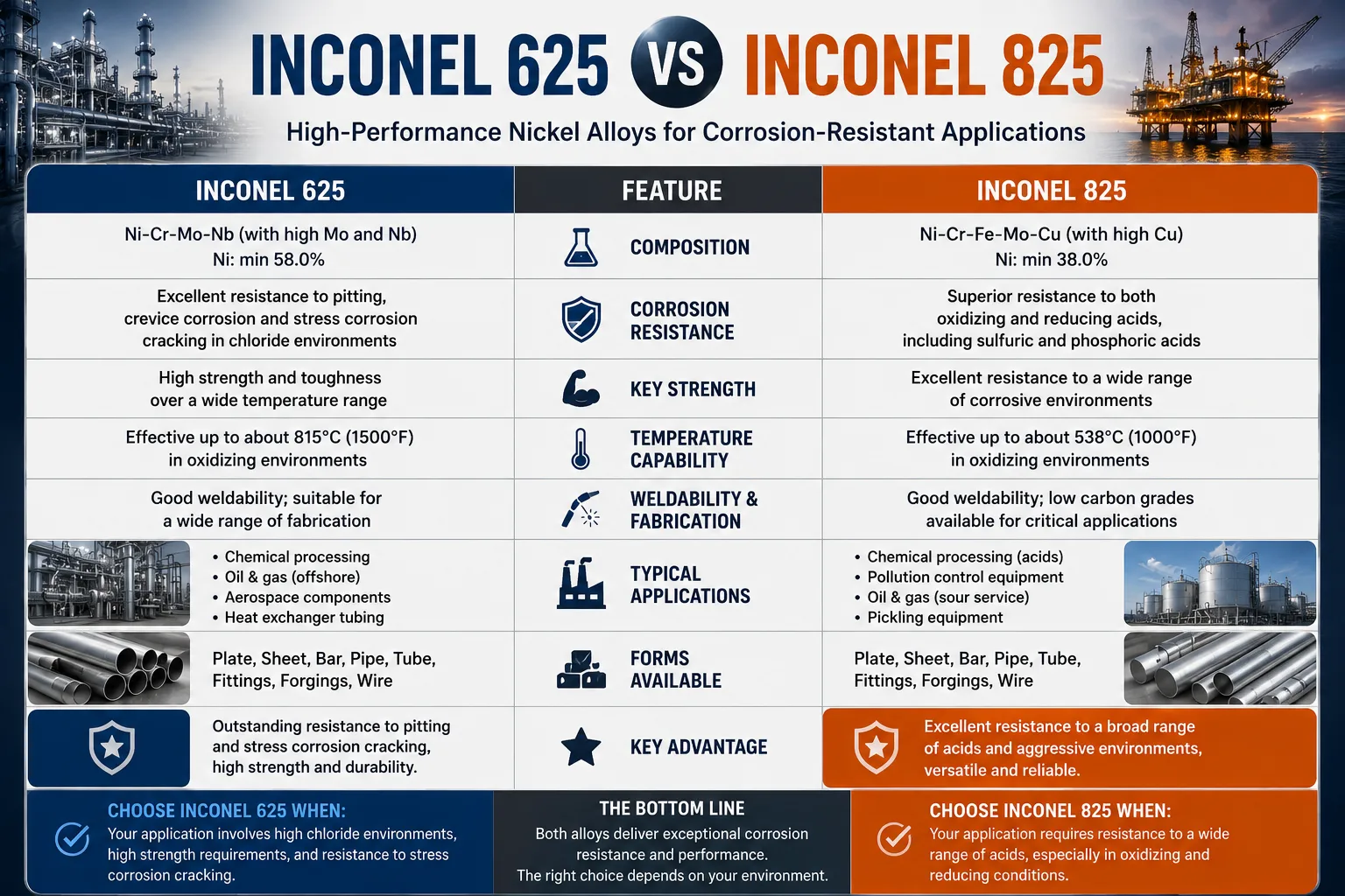 Inconel 625 vs Inconel 825 comparison infographic showing differences in composition, corrosion resistance, temperature capability, weldability, and typical chemical processing and offshore applications.