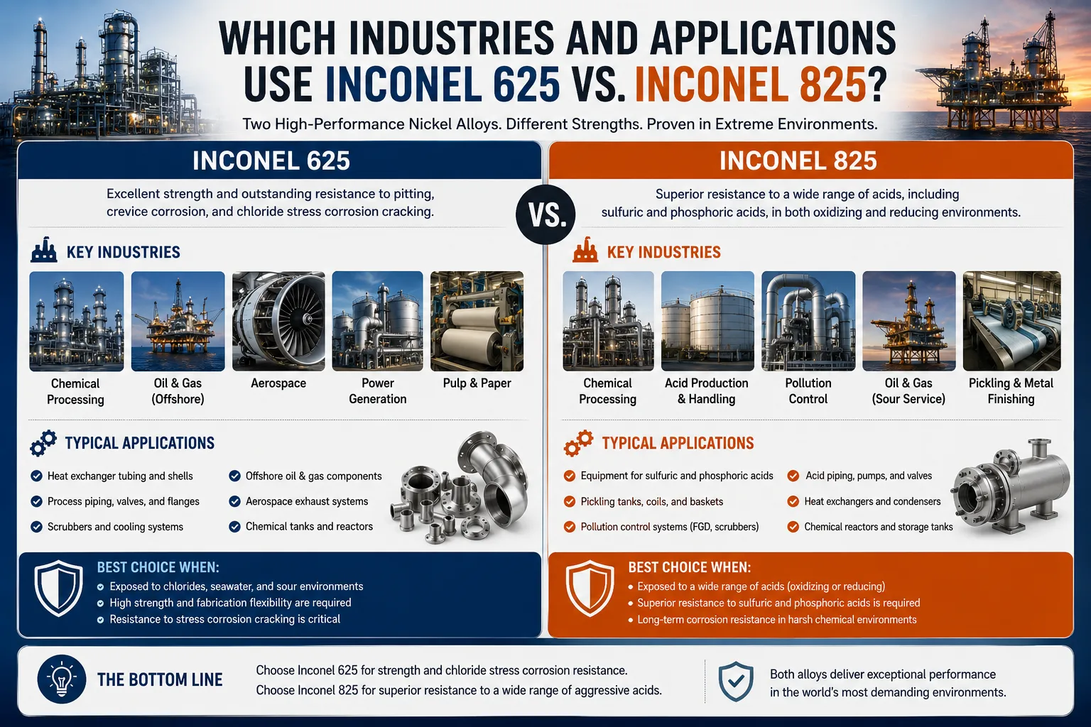 Inconel 625 vs Inconel 825 application comparison infographic showing key industries, corrosion resistance advantages, and typical uses in chemical processing, offshore oil and gas, aerospace, acid handling, and pollution control.
