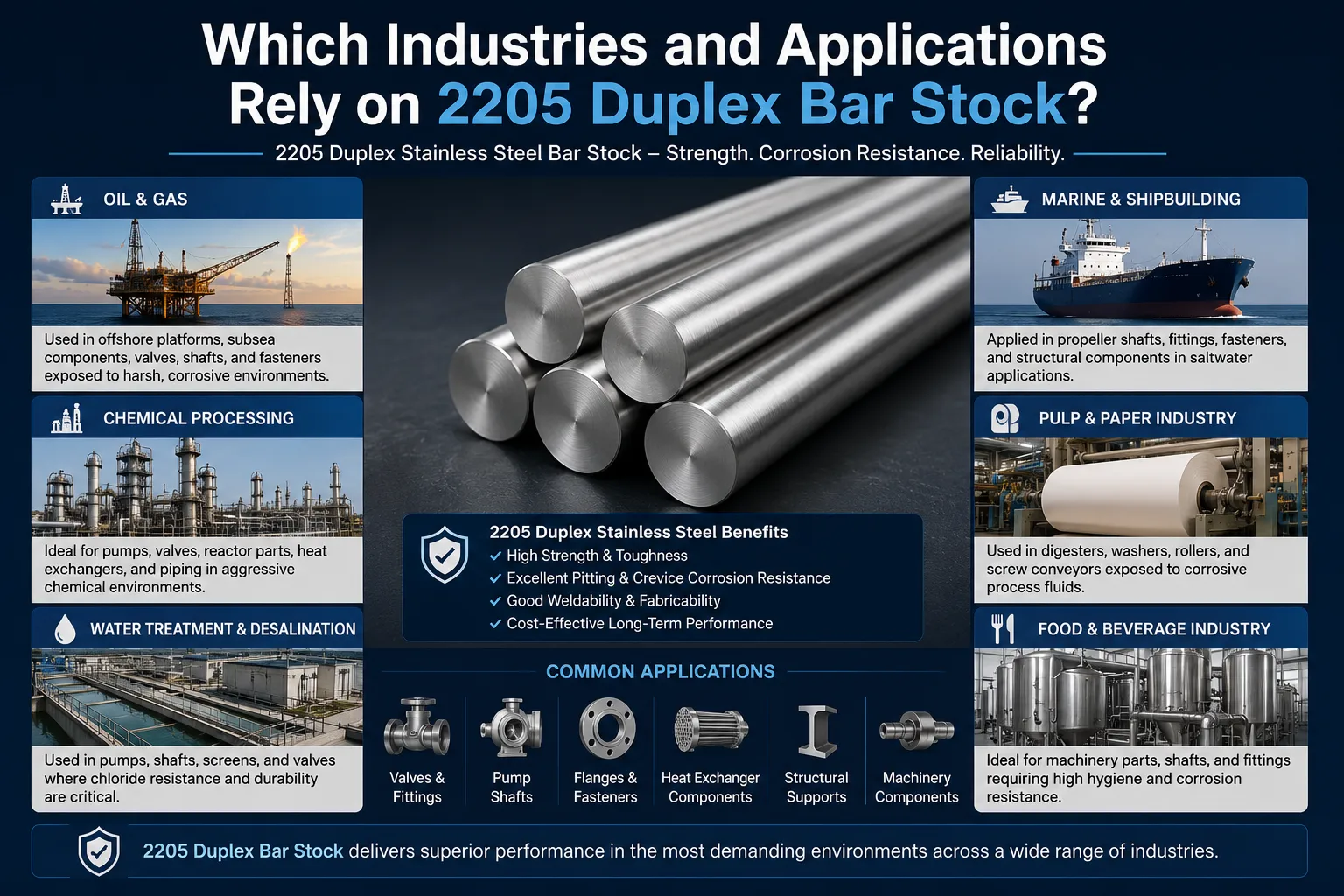 2205 Duplex Stainless Steel Bar Stock infographic showing key industries and applications including oil & gas, chemical processing, marine, water treatment, pulp & paper, and food manufacturing.