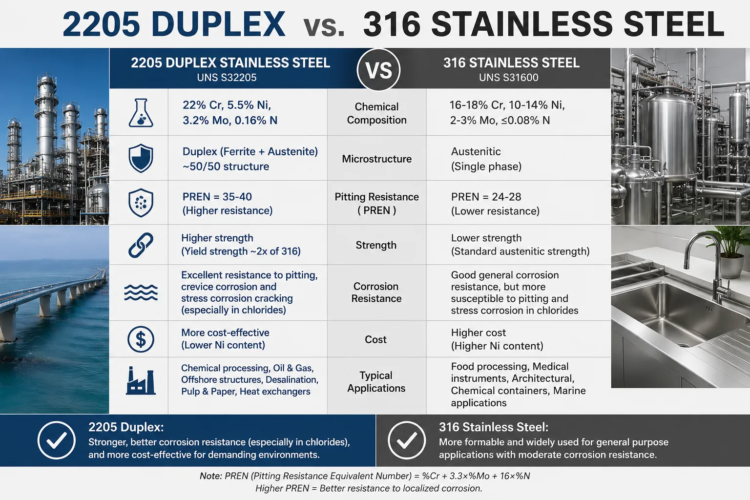 2205 Duplex vs. 316 Stainless Steel comparison chart showing corrosion resistance, strength, chemical composition, cost, and industrial applications.