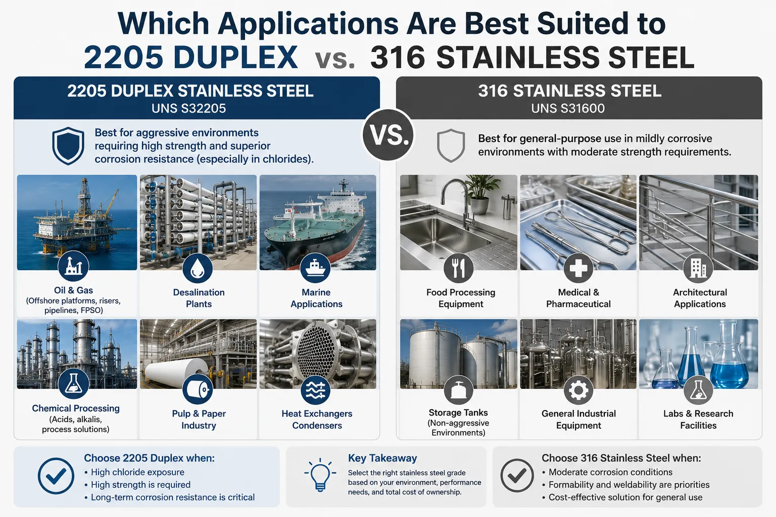 Infographic comparing the best applications for 2205 Duplex vs. 316 stainless steel, including marine, chemical processing, food equipment, and industrial uses.