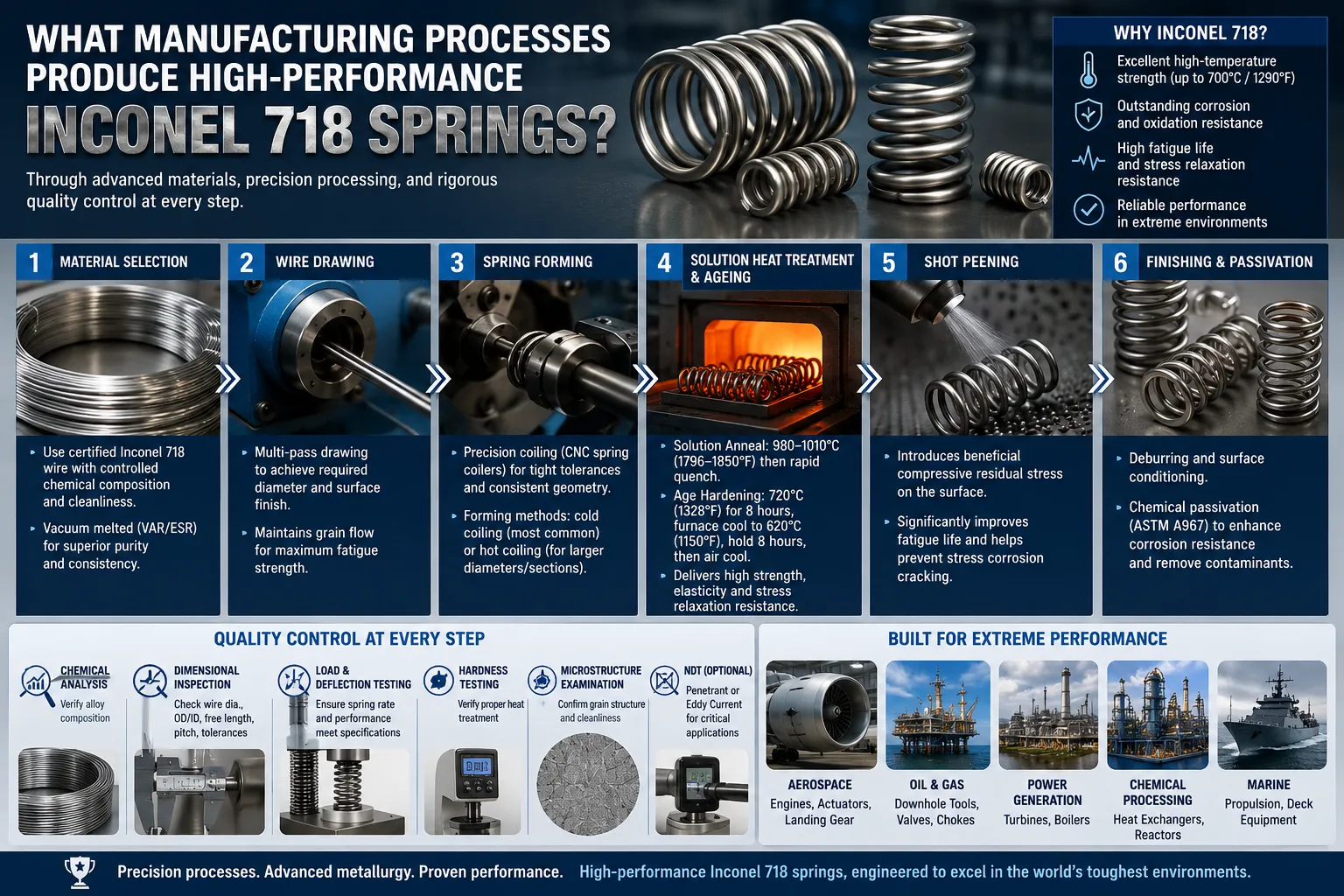 Infographic showing the manufacturing process of high-performance Inconel 718 springs, including wire drawing, spring forming, heat treatment, aging, surface finishing, and quality control for aerospace, oil and gas, and industrial applications.