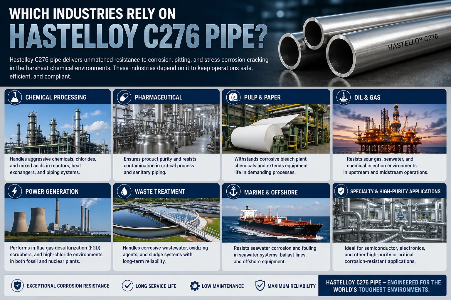 Infografica che illustra i settori industriali che si affidano ai tubi Hastelloy C276, tra cui lavorazione chimica, produzione farmaceutica, petrolio e gas, produzione di energia, pasta e carta, applicazioni marine, trattamento delle acque reflue e applicazioni industriali ad alta purezza.