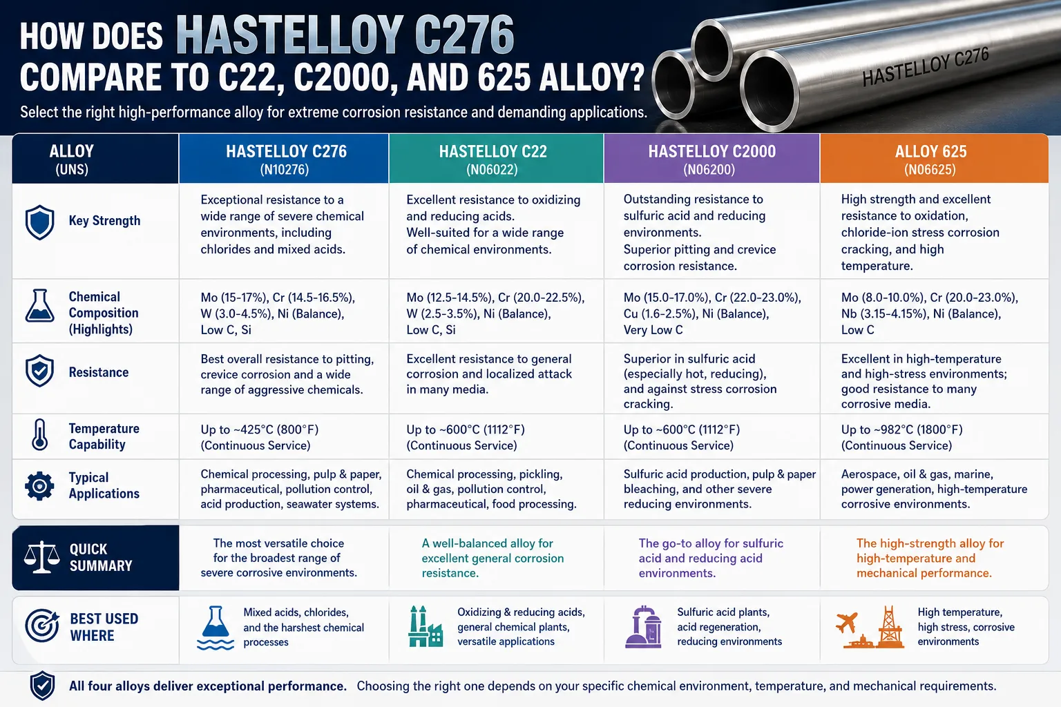 Comparison infographic of Hastelloy C276, Hastelloy C22, Hastelloy C2000, and Alloy 625, highlighting differences in corrosion resistance, chemical composition, temperature capability, and industrial applications for selecting the best nickel-based alloy.