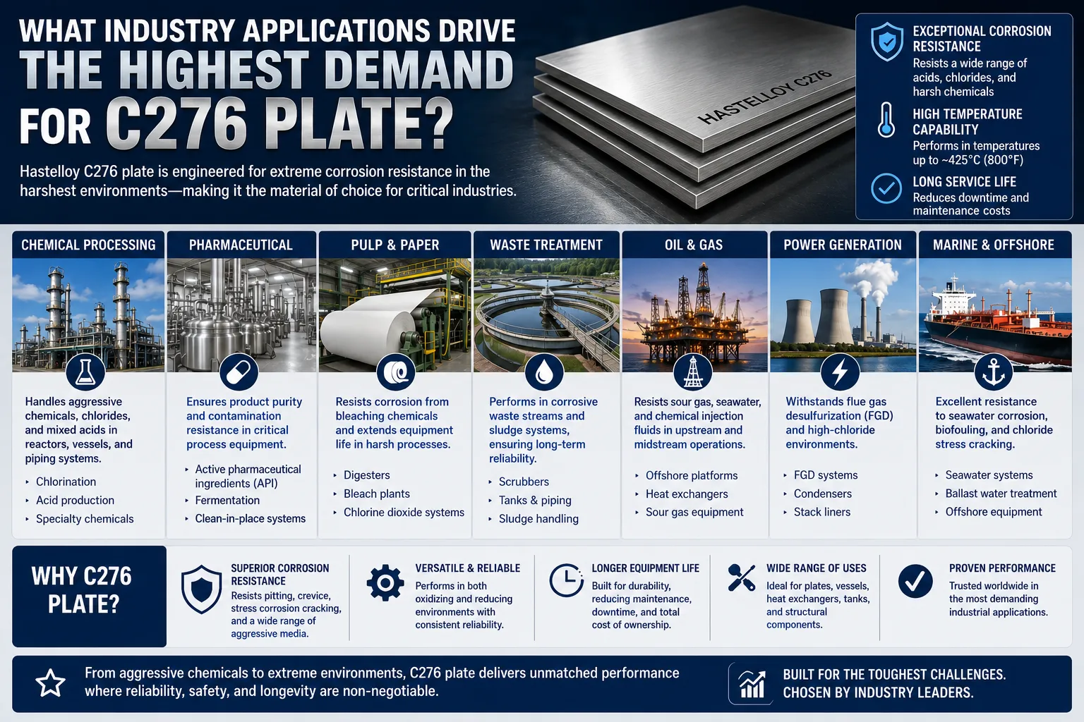 Infographic illustrating the top industry applications driving demand for Hastelloy C276 plate, including chemical processing, pharmaceuticals, pulp and paper, wastewater treatment, oil and gas, power generation, and marine offshore environments.