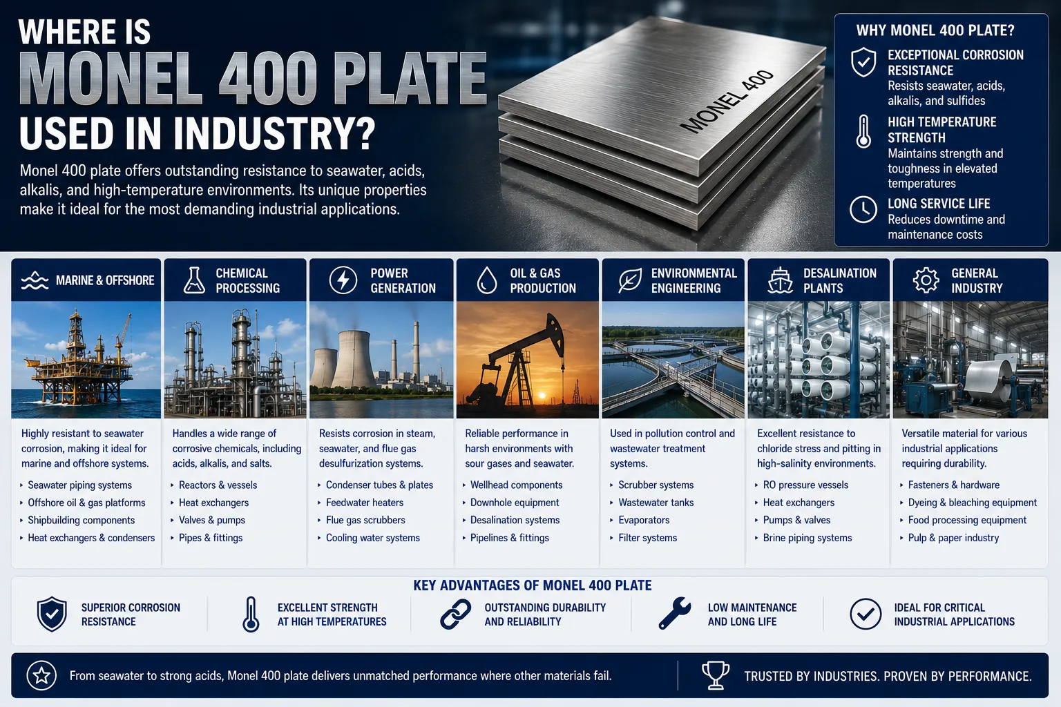 Infographic showing industrial applications of Monel 400 plate, including marine and offshore, chemical processing, power generation, oil and gas, desalination plants, environmental engineering, and corrosion-resistant industrial equipment.