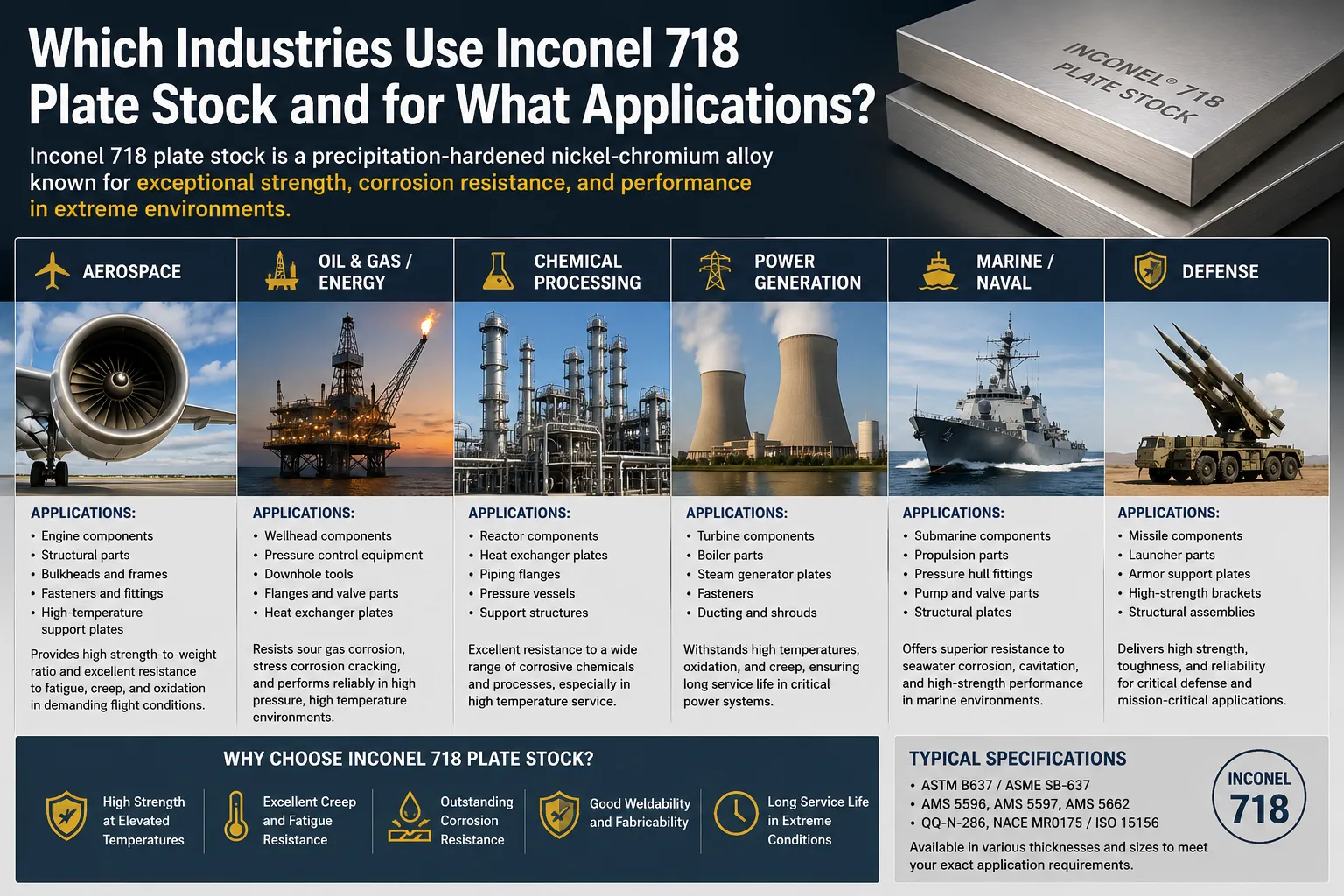 Infographic showing industries that use Inconel 718 plate stock, including aerospace, oil and gas, chemical processing, power generation, marine, and defense applications.