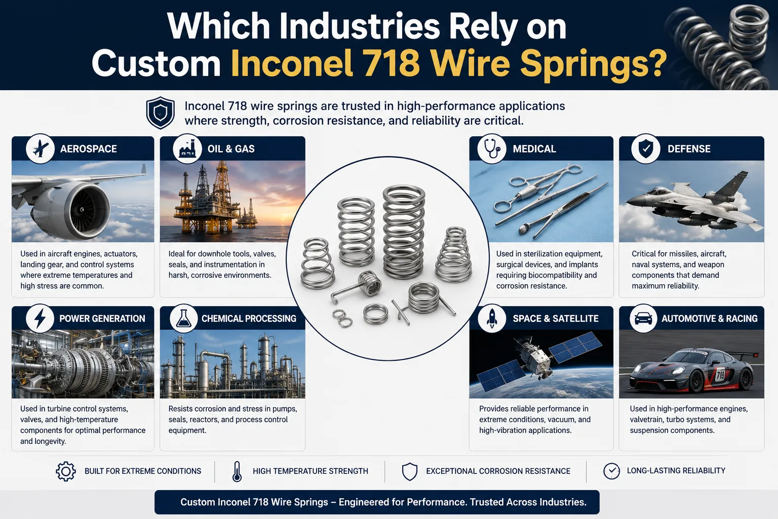 Infographic showing industries that rely on custom Inconel 718 wire springs, including aerospace, oil and gas, medical, defense, power generation, chemical processing, space, and high-performance automotive applications.