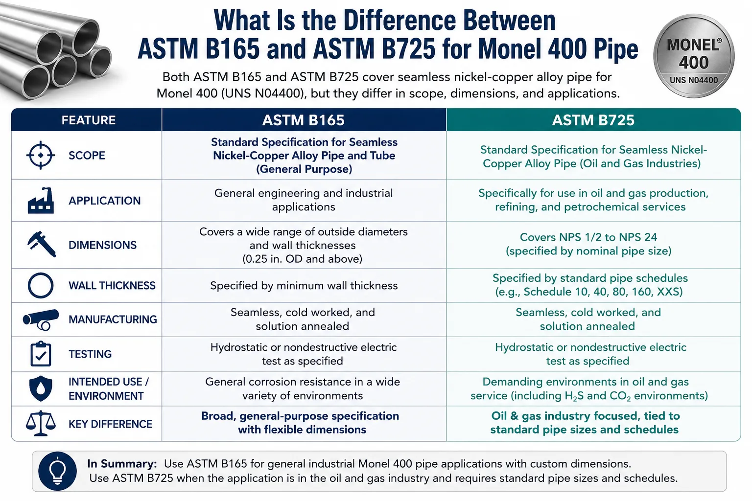 ASTM B165 vs ASTM B725 Monel 400 pipe comparison chart showing differences in scope, dimensions, wall thickness, applications, and oil & gas industry requirements.