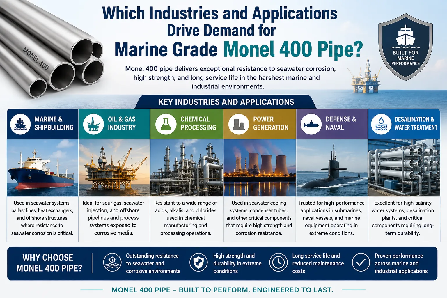 Marine Grade Monel 400 pipe applications across marine, shipbuilding, oil and gas, chemical processing, power generation, naval defense, and desalination industries requiring seawater corrosion resistance.