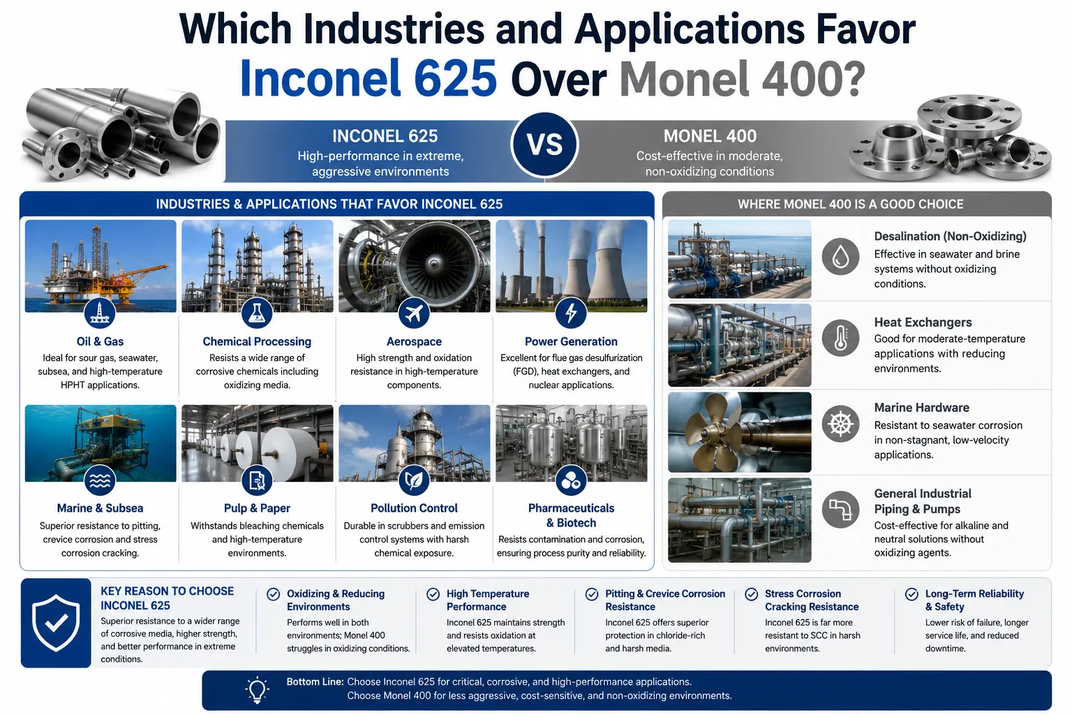 Infographic comparing Inconel 625 and Monel 400, highlighting industries and applications where Inconel 625 is preferred for high-temperature, corrosive, marine, chemical processing, aerospace, and power generation environments.