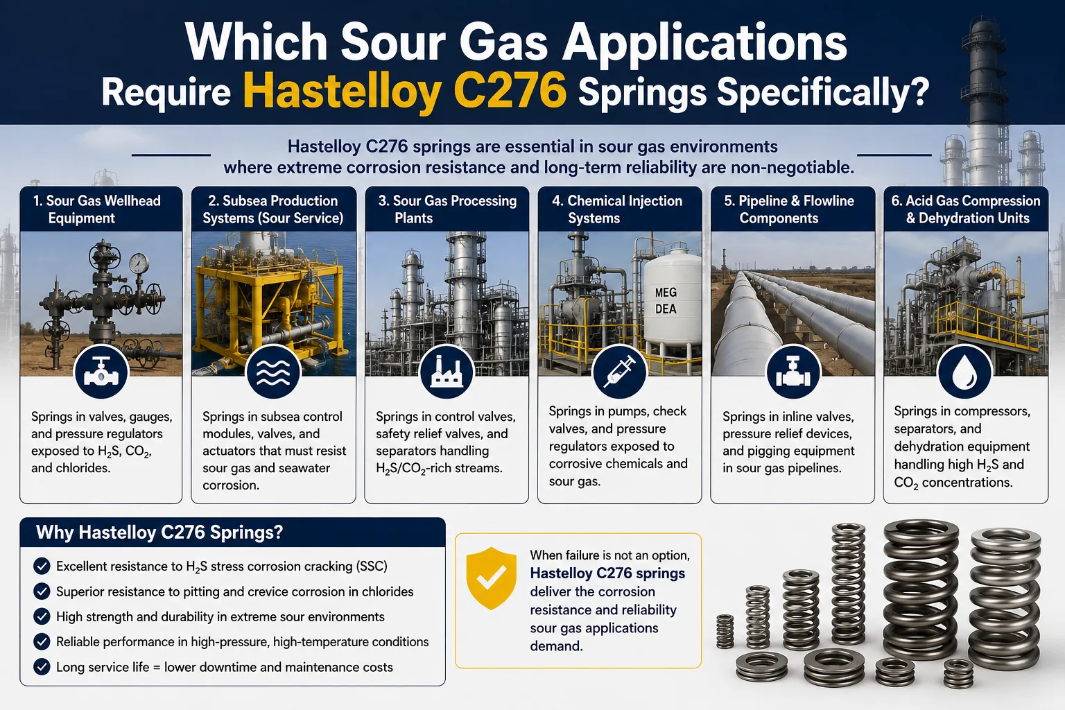 Infographic of sour gas applications requiring Hastelloy C276 springs, including wellhead equipment, subsea systems, processing plants, pipelines, and gas compression units for high-corrosion environments.