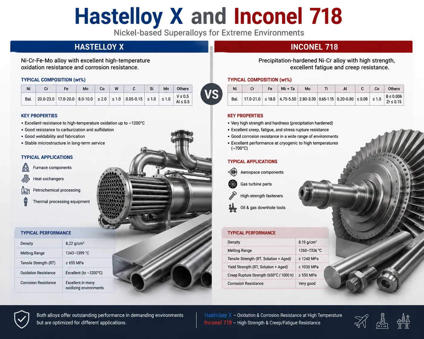 Tabla comparativa entre Hastelloy X e Inconel 718 que muestra la composición química, las propiedades mecánicas, la resistencia a la temperatura, el comportamiento frente a la corrosión y las aplicaciones en los sectores aeroespacial, de turbinas e industrial de las superaleaciones a base de níquel.
