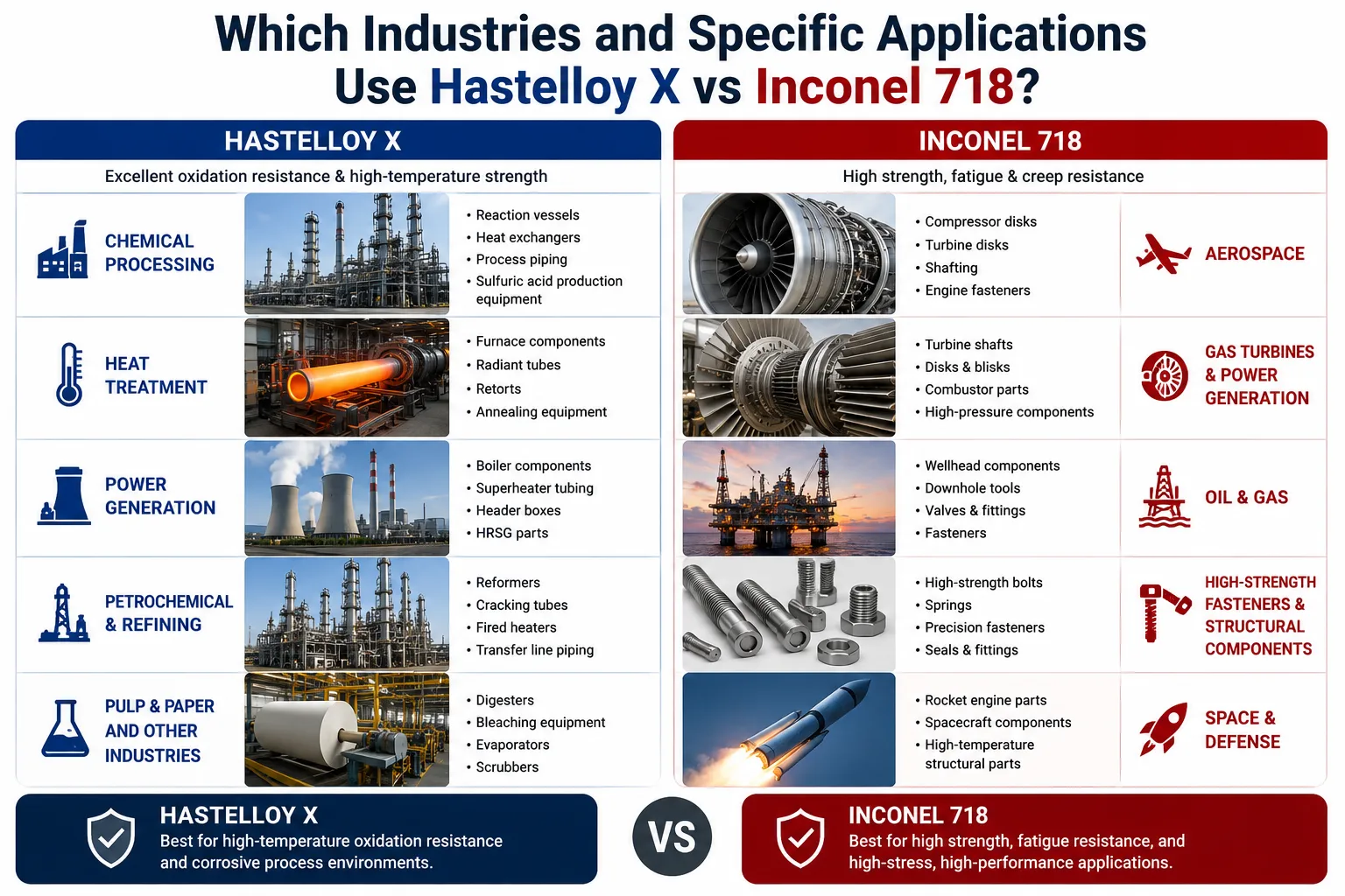 Infografía comparativa de las aplicaciones industriales del Hastelloy X y el Inconel 718 en los sectores aeroespacial, de turbinas de gas, de petróleo y gas, de procesamiento químico, de tratamiento térmico, de generación de energía y de componentes industriales para altas temperaturas.