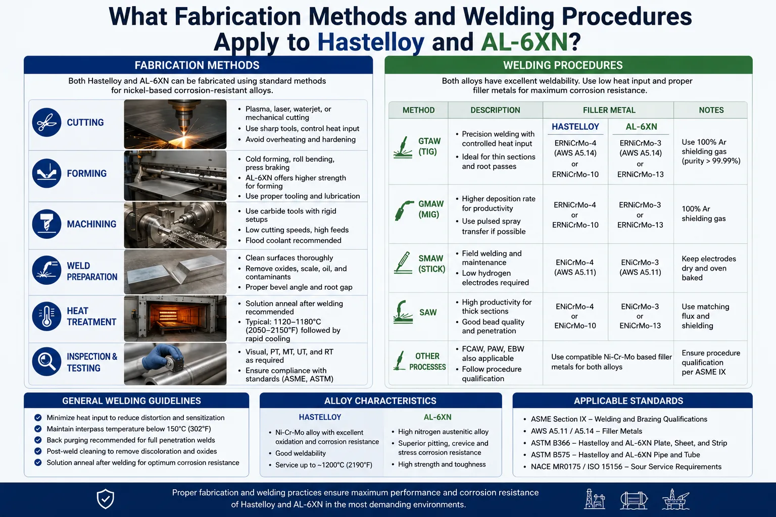 Hastelloy vs AL-6XN fabrication and welding guide showing cutting, forming, machining, heat treatment, GTAW, GMAW, SMAW procedures, filler metals, and corrosion-resistant alloy welding best practices.