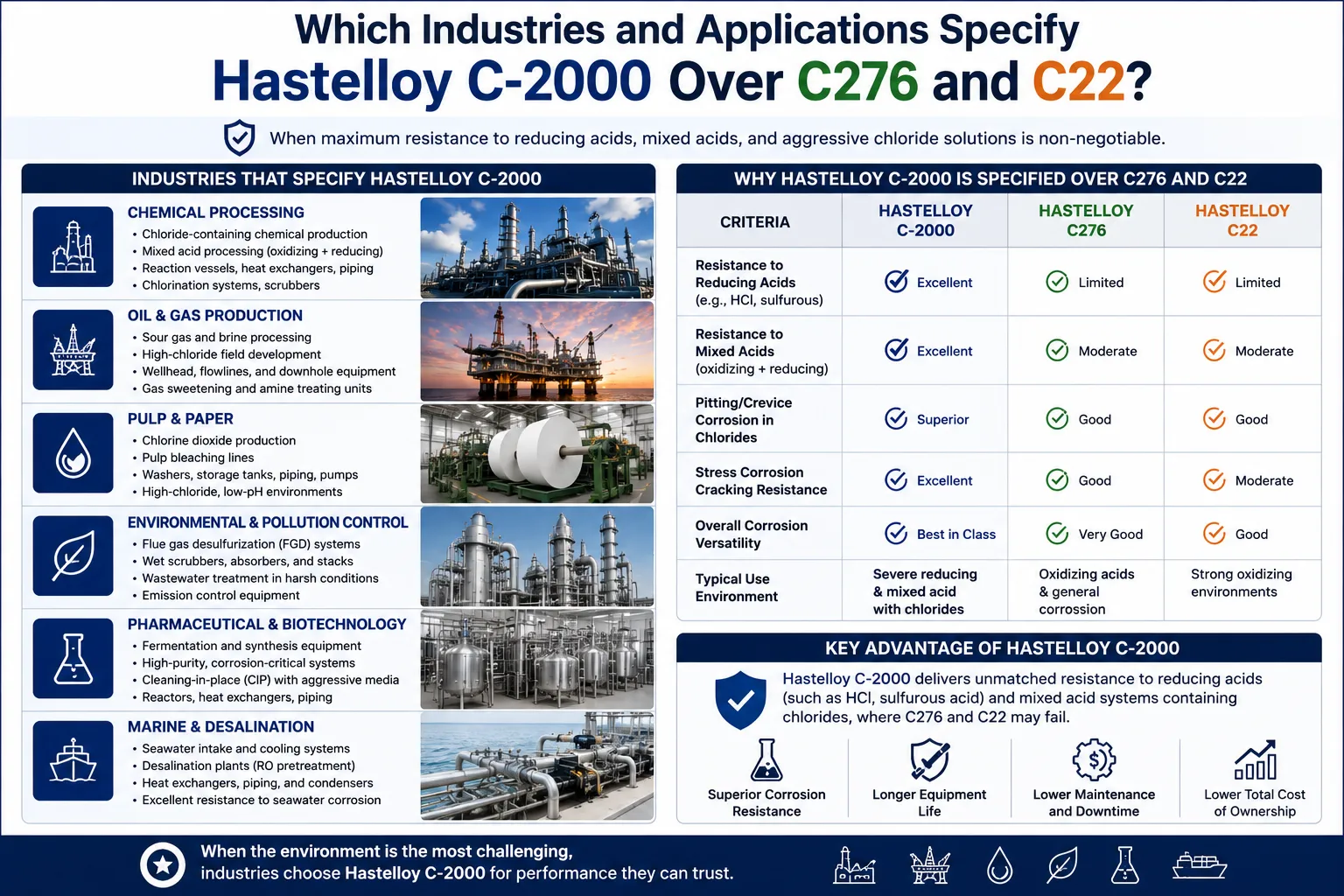 Hastelloy C-2000 vs C276 vs C22 application comparison infographic highlighting chemical processing, oil and gas, pulp and paper, environmental, pharmaceutical, and marine industries requiring superior corrosion resistance in mixed acid and chloride environments.