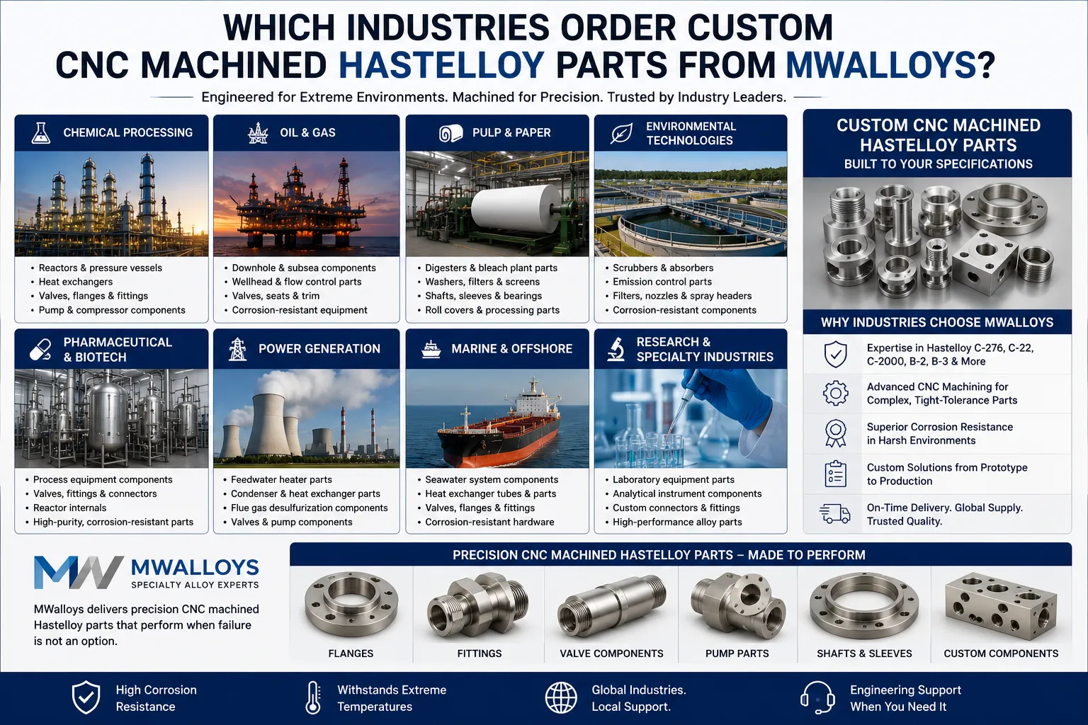 Custom CNC machined Hastelloy parts for chemical processing, oil and gas, power generation, pharmaceutical, marine, environmental, and industrial applications, including flanges, fittings, valves, pump components, and precision-engineered corrosion-resistant alloy parts.