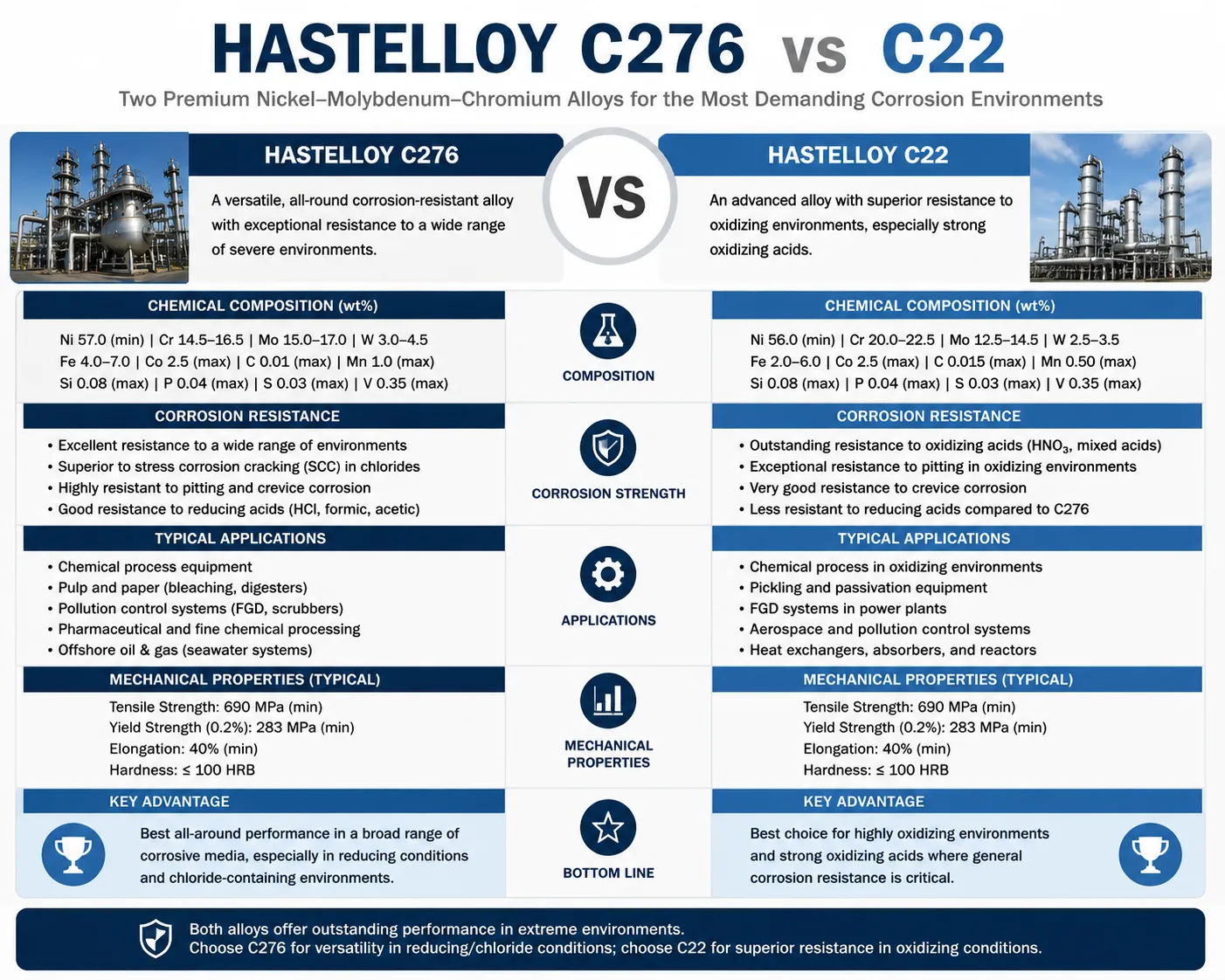 Hastelloy C276 vs Hastelloy C22 comparison chart showing chemical composition, corrosion resistance, mechanical properties, and industrial applications for chemical processing, oil and gas, and pollution control equipment.