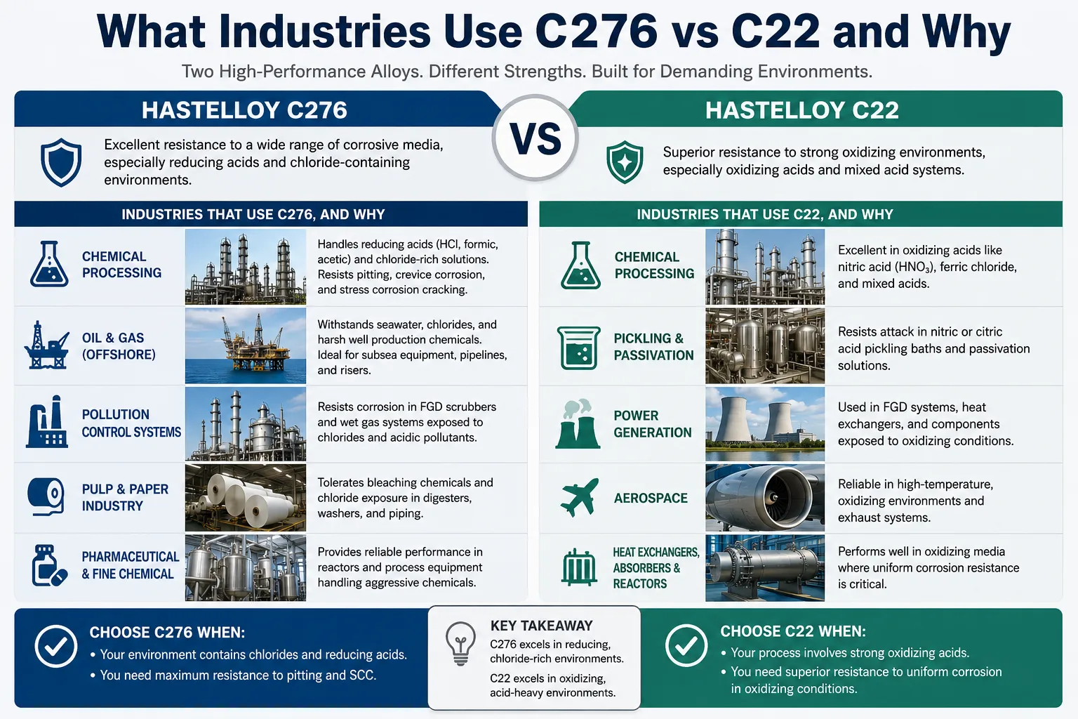 Infographic comparing Hastelloy C276 vs Hastelloy C22 industries and applications, highlighting corrosion resistance advantages in chemical processing, oil and gas, power generation, aerospace, pollution control, and heat exchanger systems.