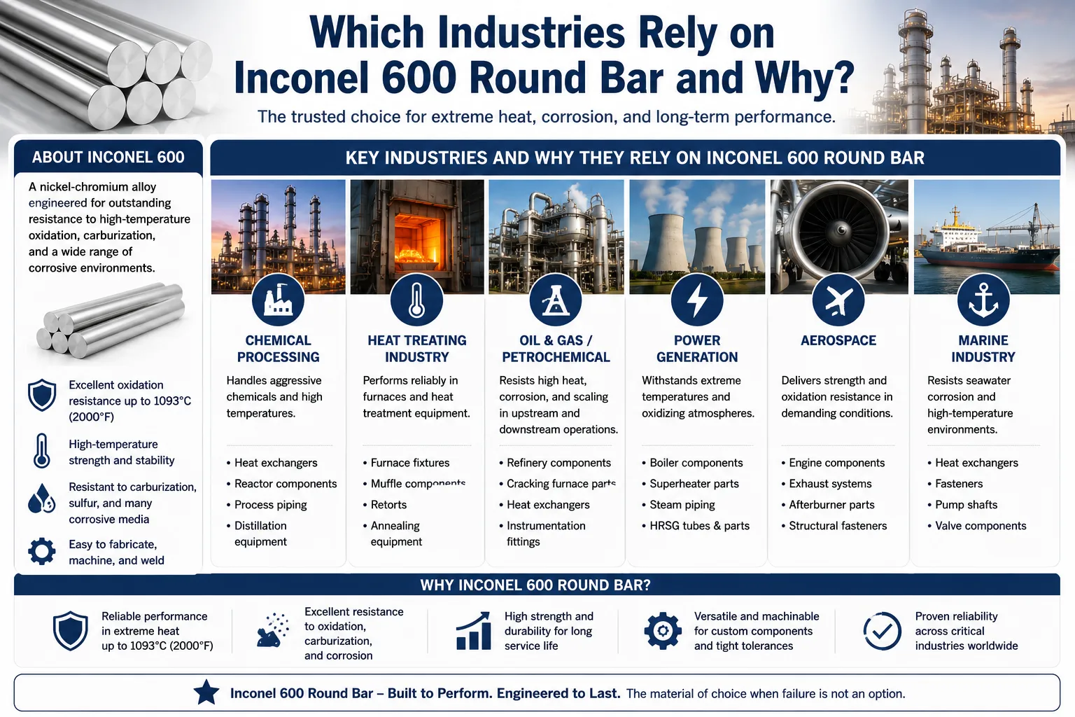 Infographic showing industries that use Inconel 600 round bar, including chemical processing, heat treatment, oil and gas, power generation, aerospace, and marine applications, highlighting its high-temperature strength and corrosion resistance.