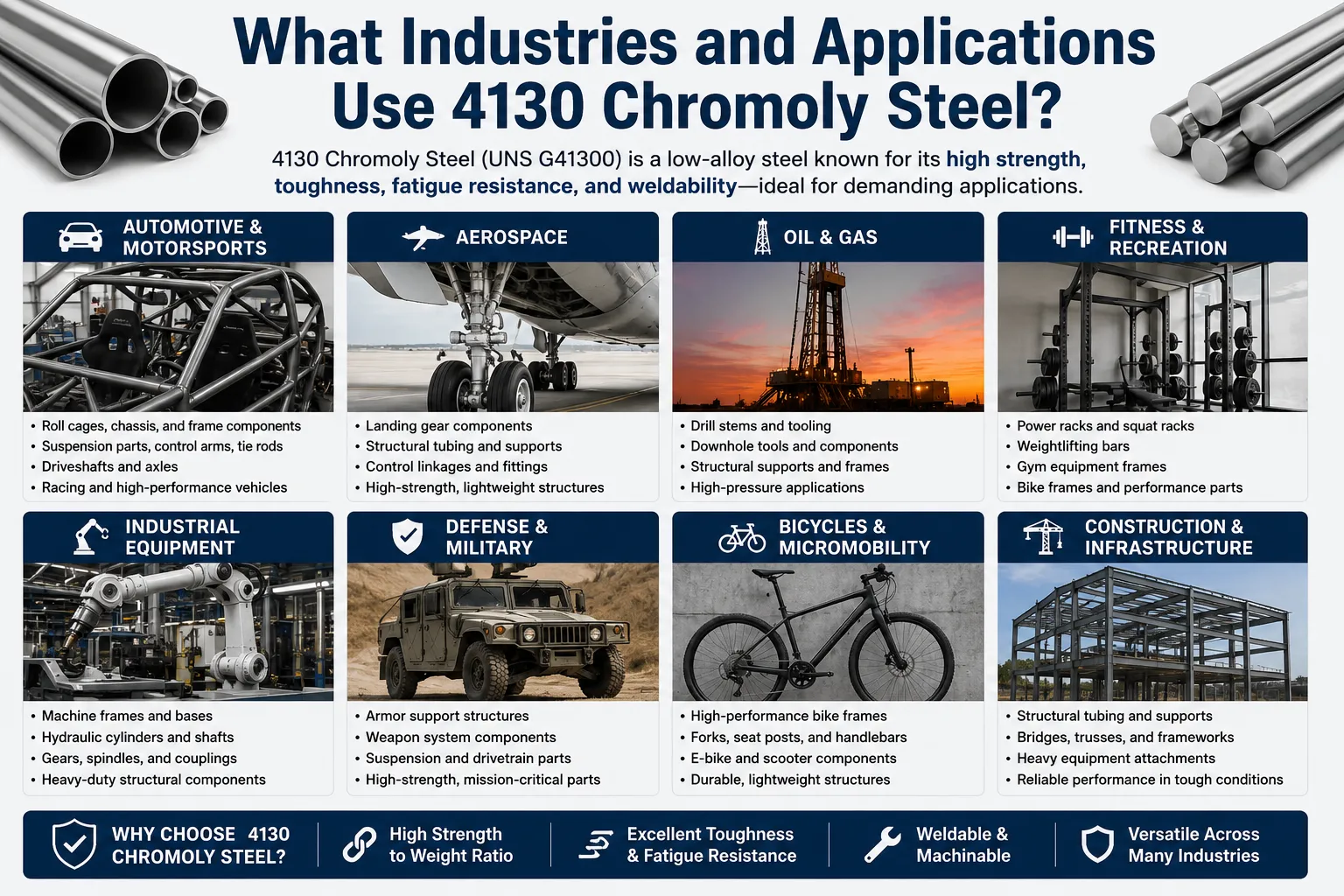 Infographic showing industries and applications that use 4130 chromoly steel, including automotive, aerospace, oil and gas, industrial equipment, defense, bicycles, fitness equipment, and construction due to its high strength, toughness, fatigue resistance, and weldability.