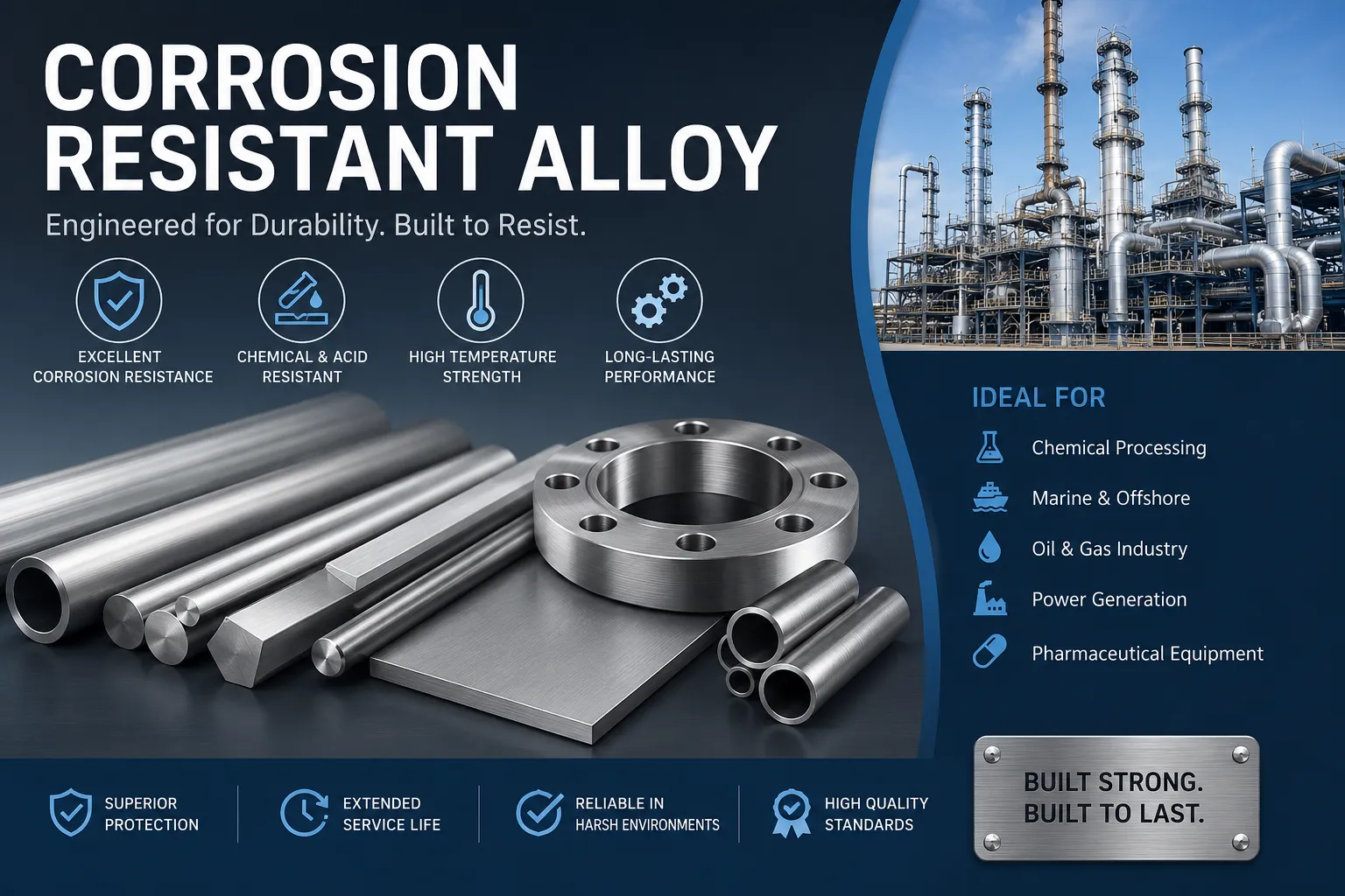 Corrosion resistant alloy bars, pipes, plates, and flanges for chemical processing, oil and gas, marine, and high-temperature industrial applications.
