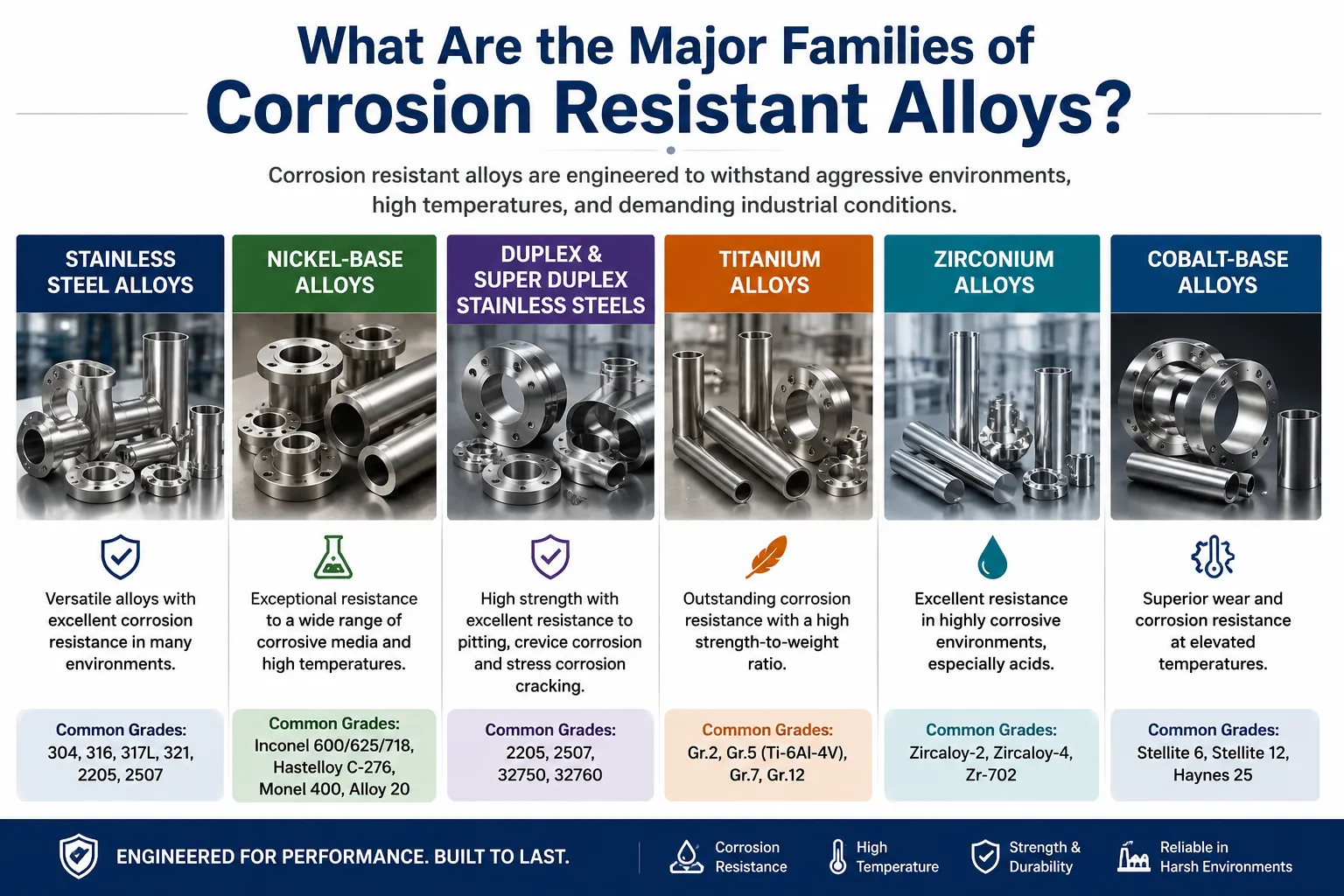 Infographic comparing the major families of corrosion resistant alloys, including stainless steel, nickel, duplex, titanium, zirconium, and cobalt-based alloys.