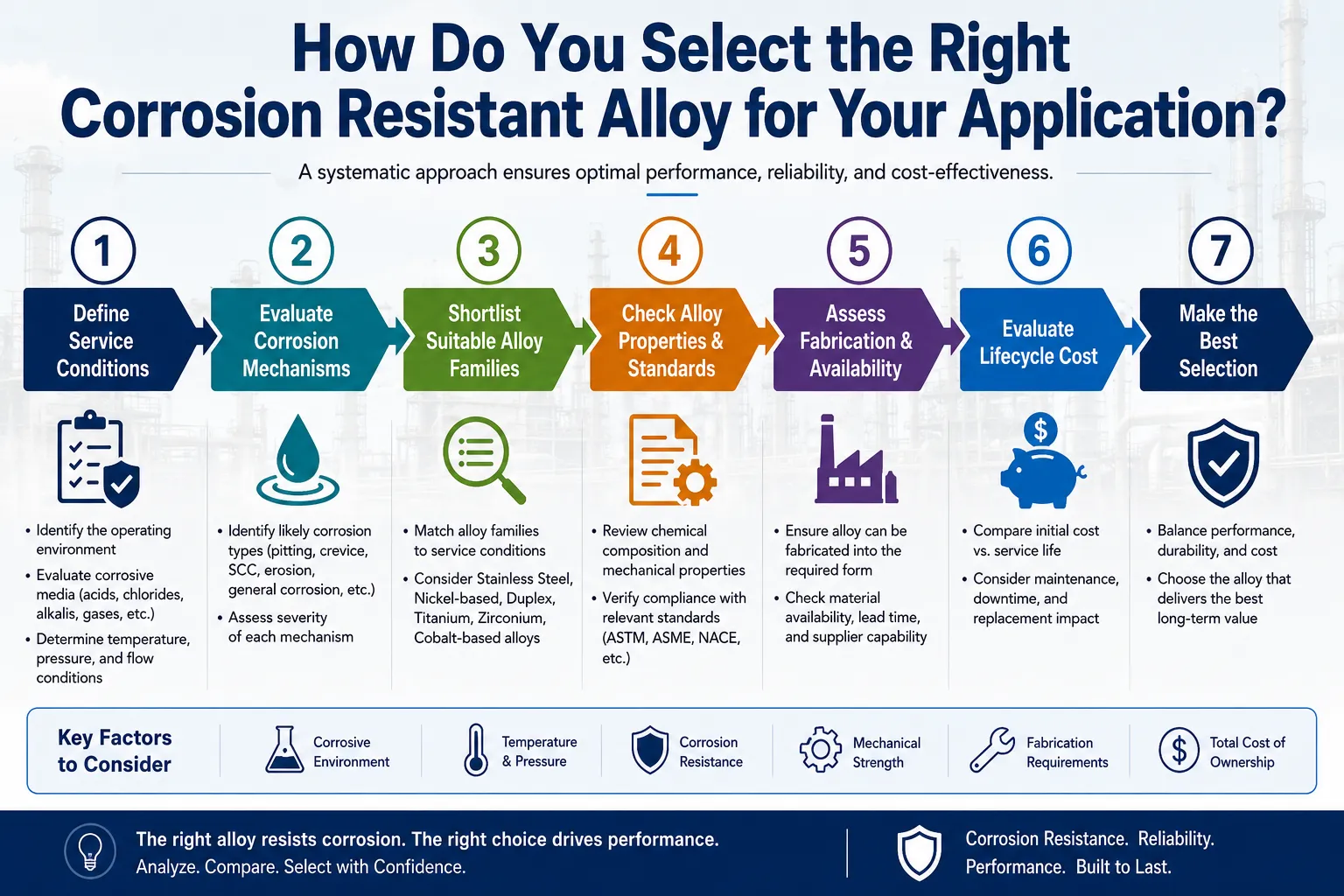 Flowchart for selecting the right corrosion resistant alloy based on application requirements and environmental conditions.