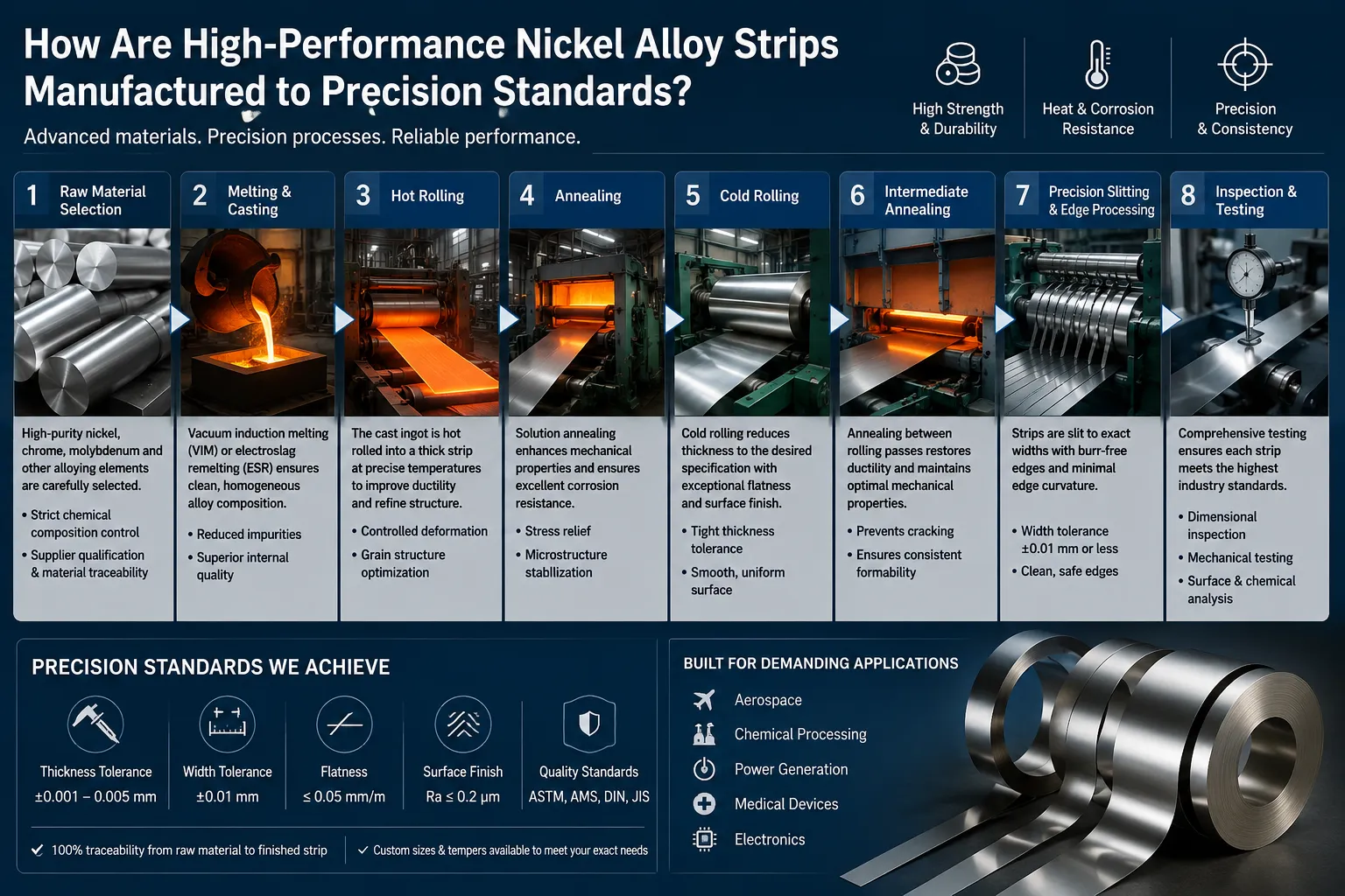 High-performance nickel alloy strip manufacturing process with precision rolling, annealing, slitting, inspection, and quality control.
