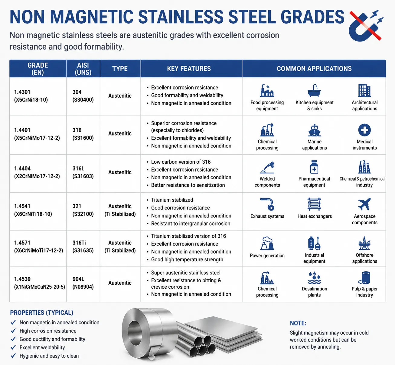 Non-magnetic stainless steel grades chart showing 304, 316, 316L, 321, 316Ti and 904L with properties and applications.
