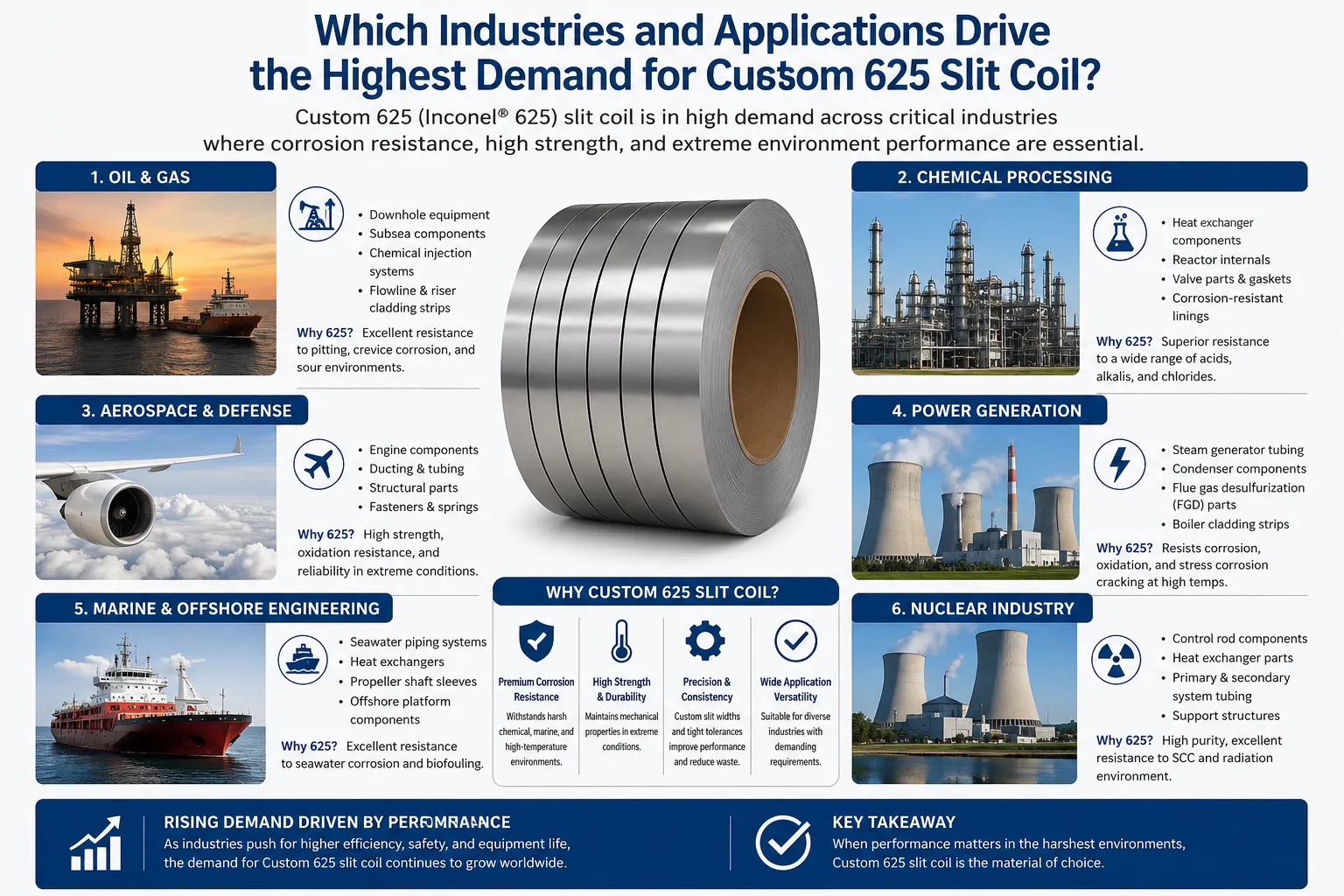 Custom 625 slit coil applications in oil and gas, chemical processing, aerospace, marine, power generation, and nuclear industries infographic.