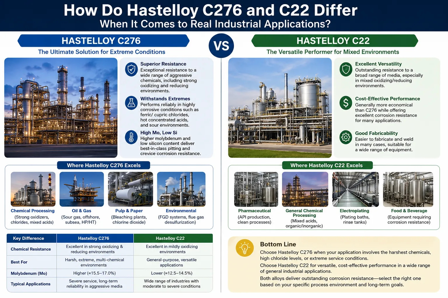 Hastelloy C276 vs C22 comparison infographic showing corrosion resistance, industrial applications, and key performance differences for chemical processing alloys.