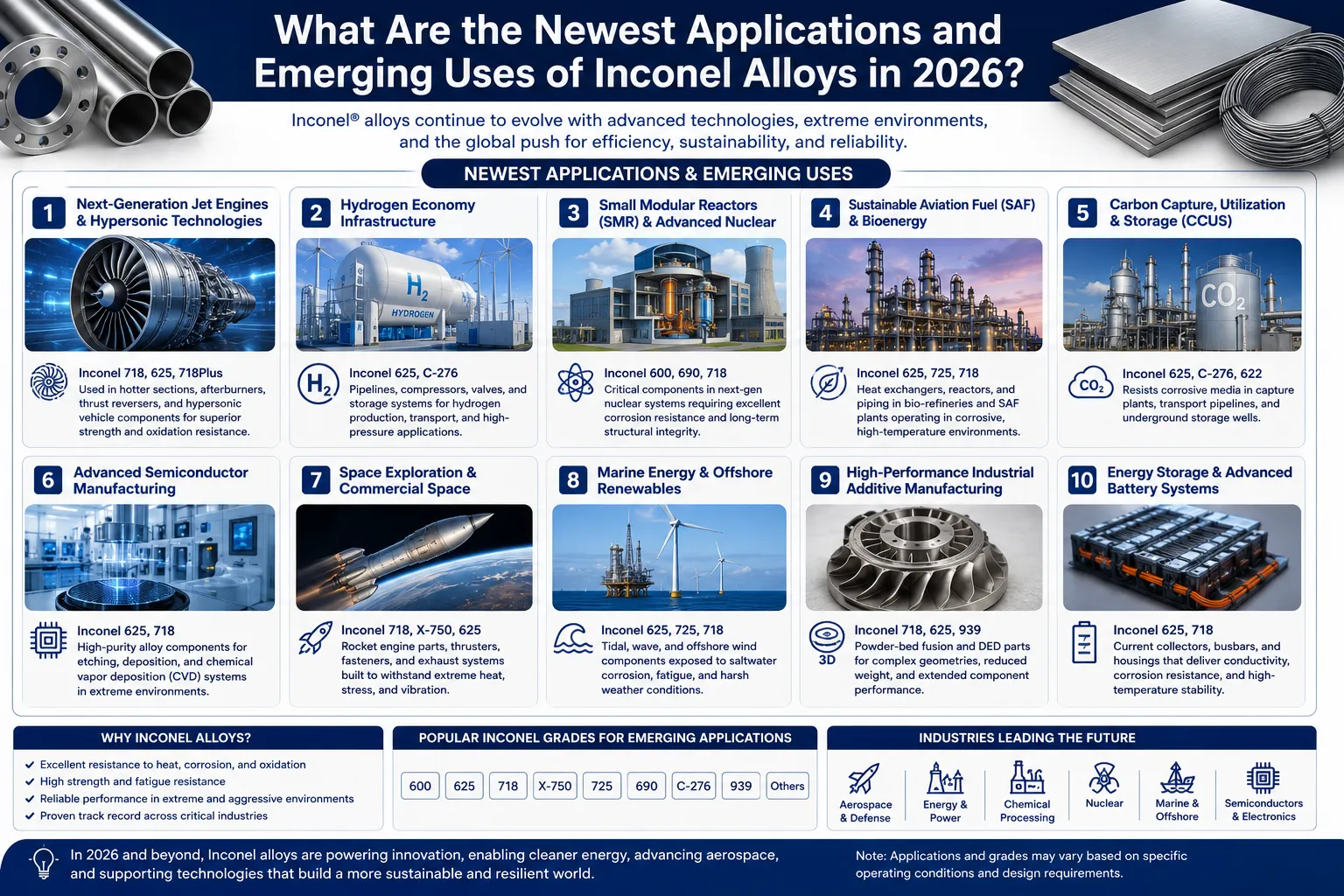 Infographic showing the newest Inconel alloy applications in 2026, including aerospace, hydrogen, nuclear, additive manufacturing, marine energy, and semiconductor industries.