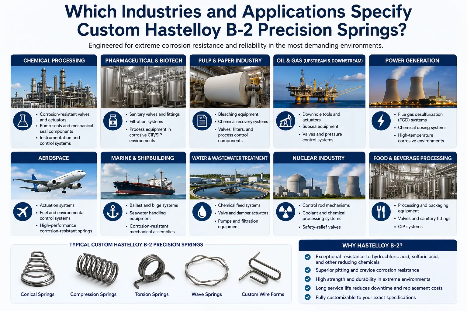 Custom Hastelloy B-2 precision springs for chemical processing, oil & gas, aerospace, marine, power generation, pharmaceutical, nuclear, and industrial corrosion-resistant applications.